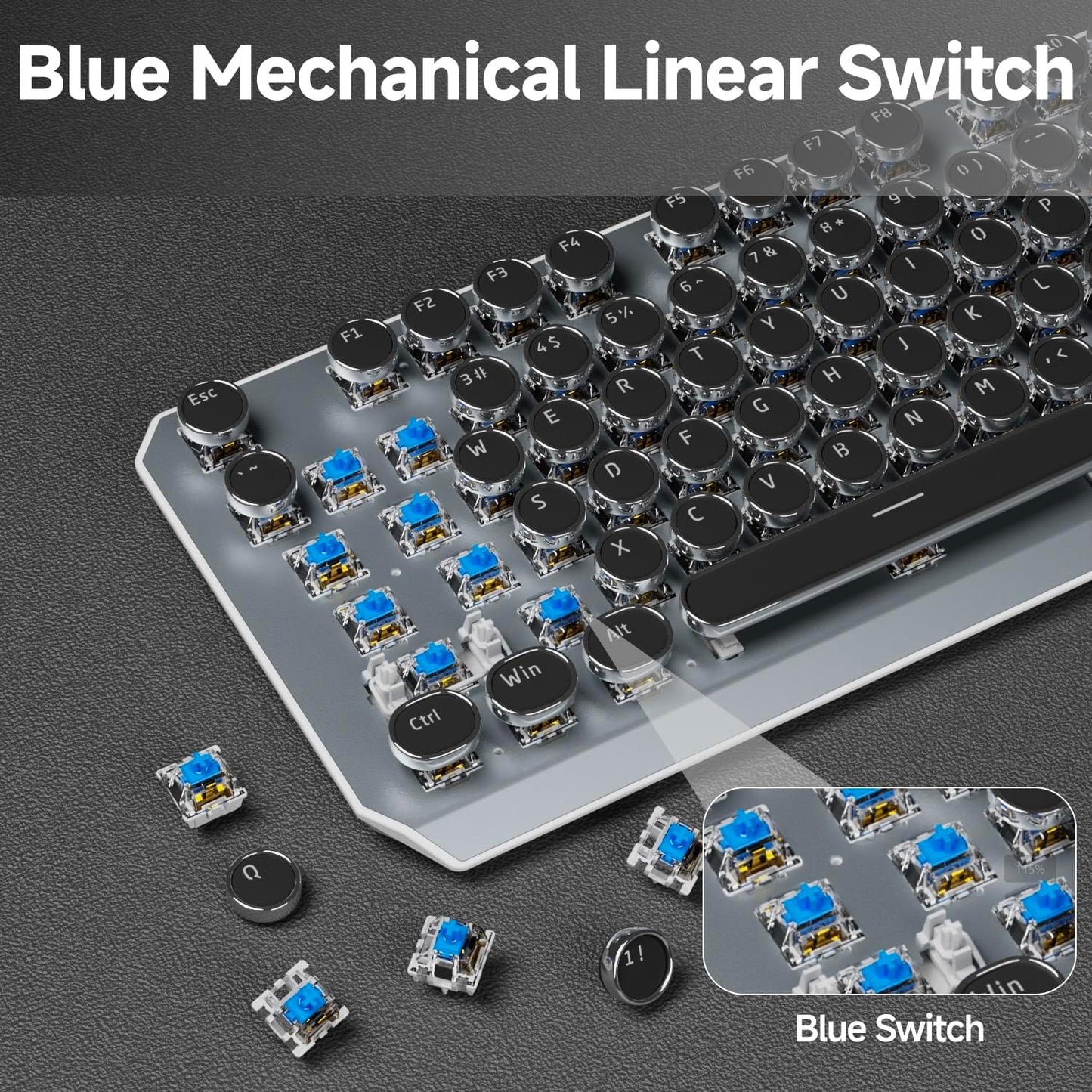 EWEADN Wireless Mechanical Typewriter Keyboard,80% Layout with White Backlit, Anti-Ghosting, Blue Switch Bluetooth/2.4GHz/USB-C Aesthetic Keyboard-Black