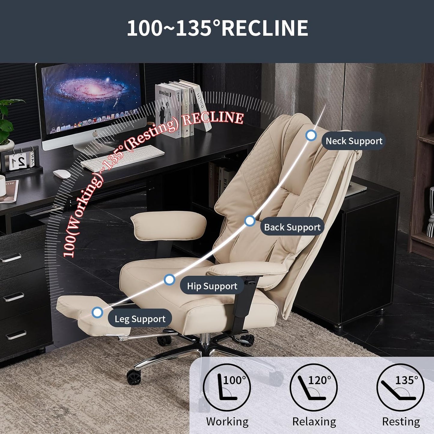 Big and Tall Office Chair 400lbs Wide Seat, Leather High Back Executive Office Chair with Foot Rest, Ergonomic Chairs Lumbar Support for Lower Back Pain Relief (Beige)