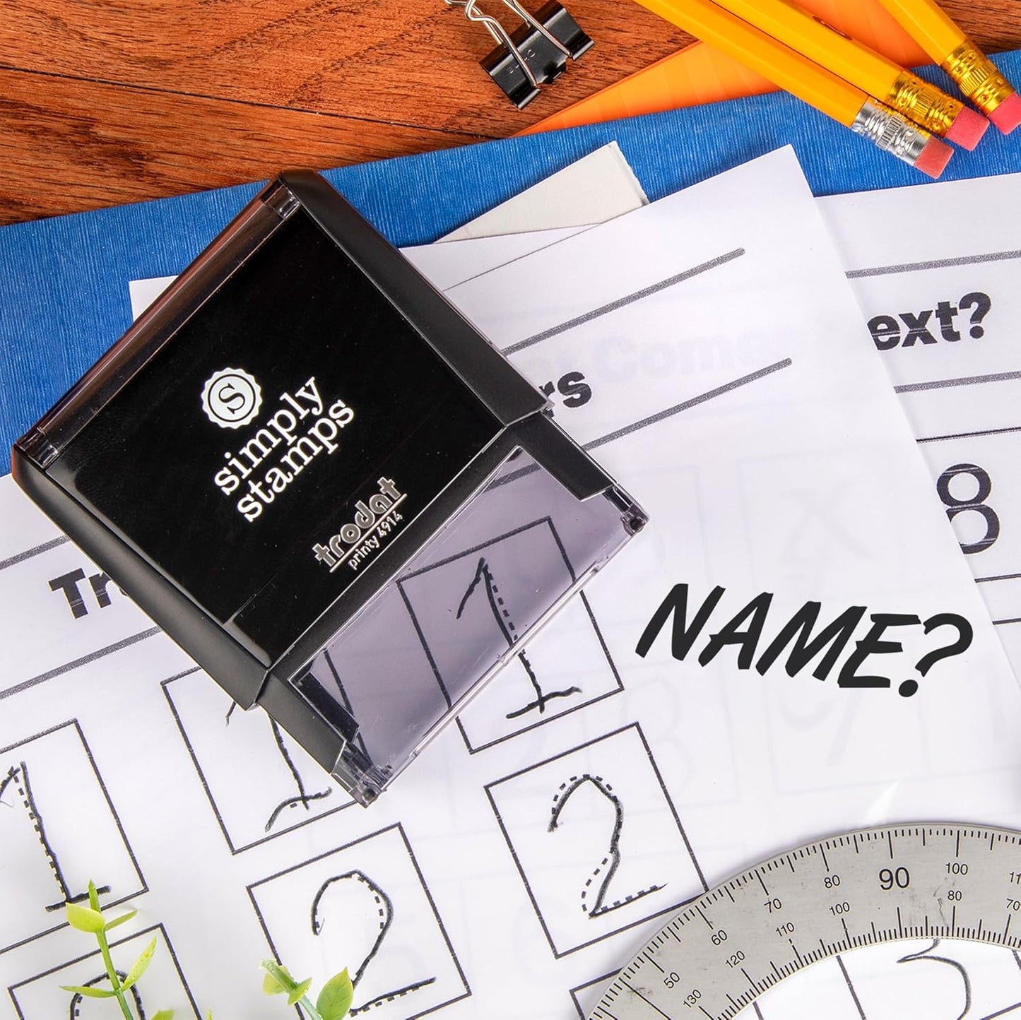 Custom Self-Inking Teacher Stamps | 49 Designs | Fun Phrases | Grading Made Easy | Classroom and Library Book Stamps (Name?, Large)