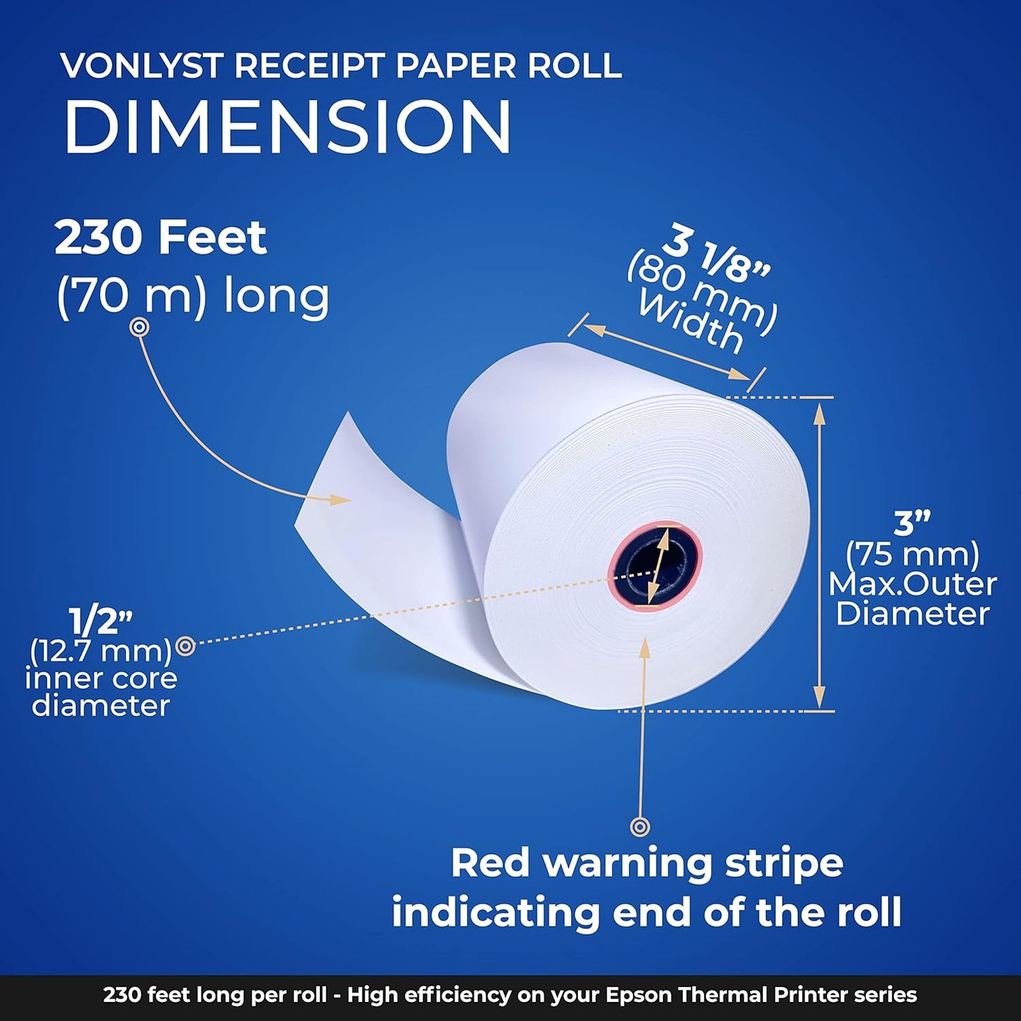 3 1/8 x 230 Thermal Paper Receipt Roll for Epson Printer (Pack 06 rolls)