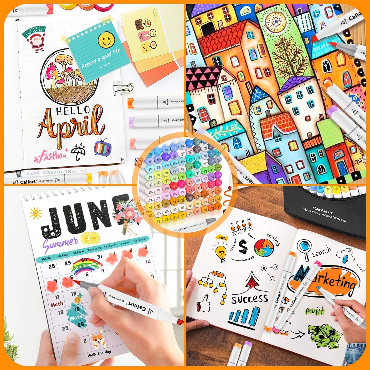 Caliart 121 Colors Brush & Fine Alcohol Markers for Adult Coloring Book, Dual Tip Artist Sketch Art Markers, Aesthetic Cute Preppy Stuff School Supplies, Pens for Lettering Drawing Cards Planner