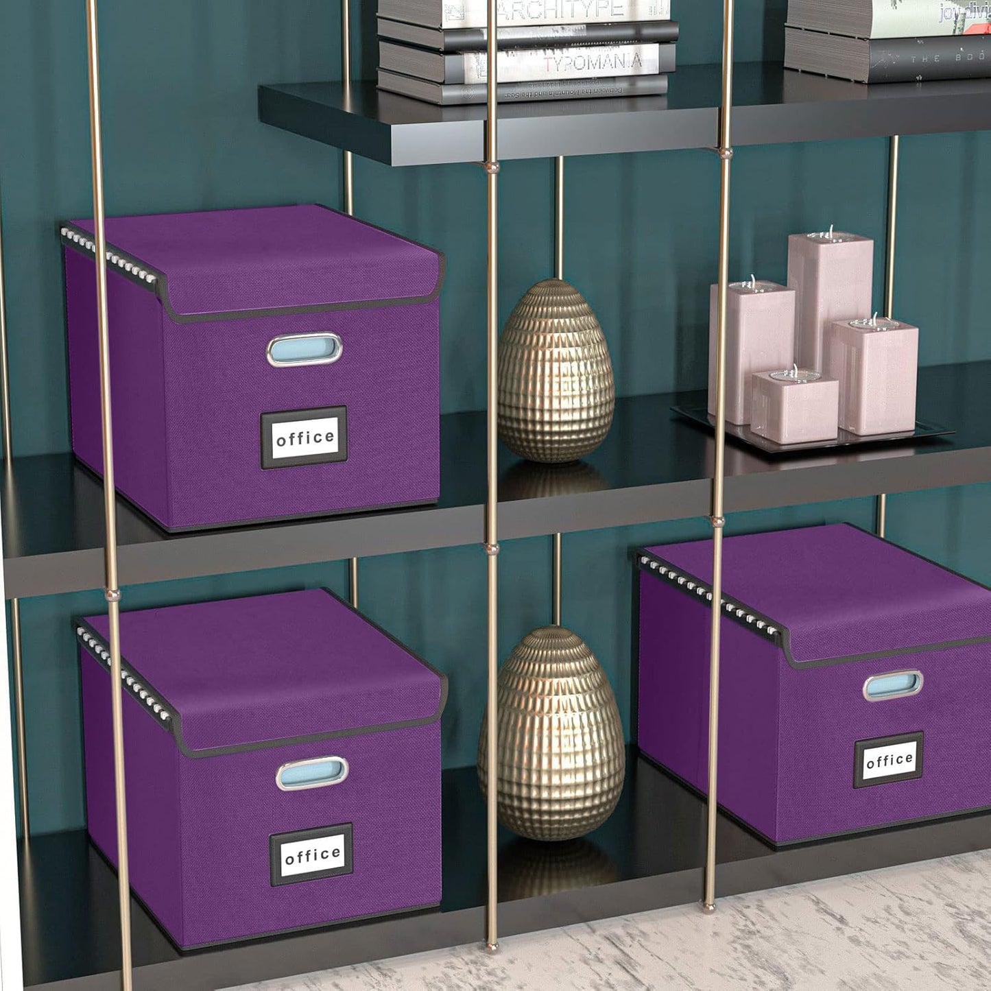 Huolewa File Organizer Box with Lid, Collapsible File Folder Organizer for Office Document Storage, Filing Box with Plastic Slide for Letter/Legal Size Hanging Files, Purple