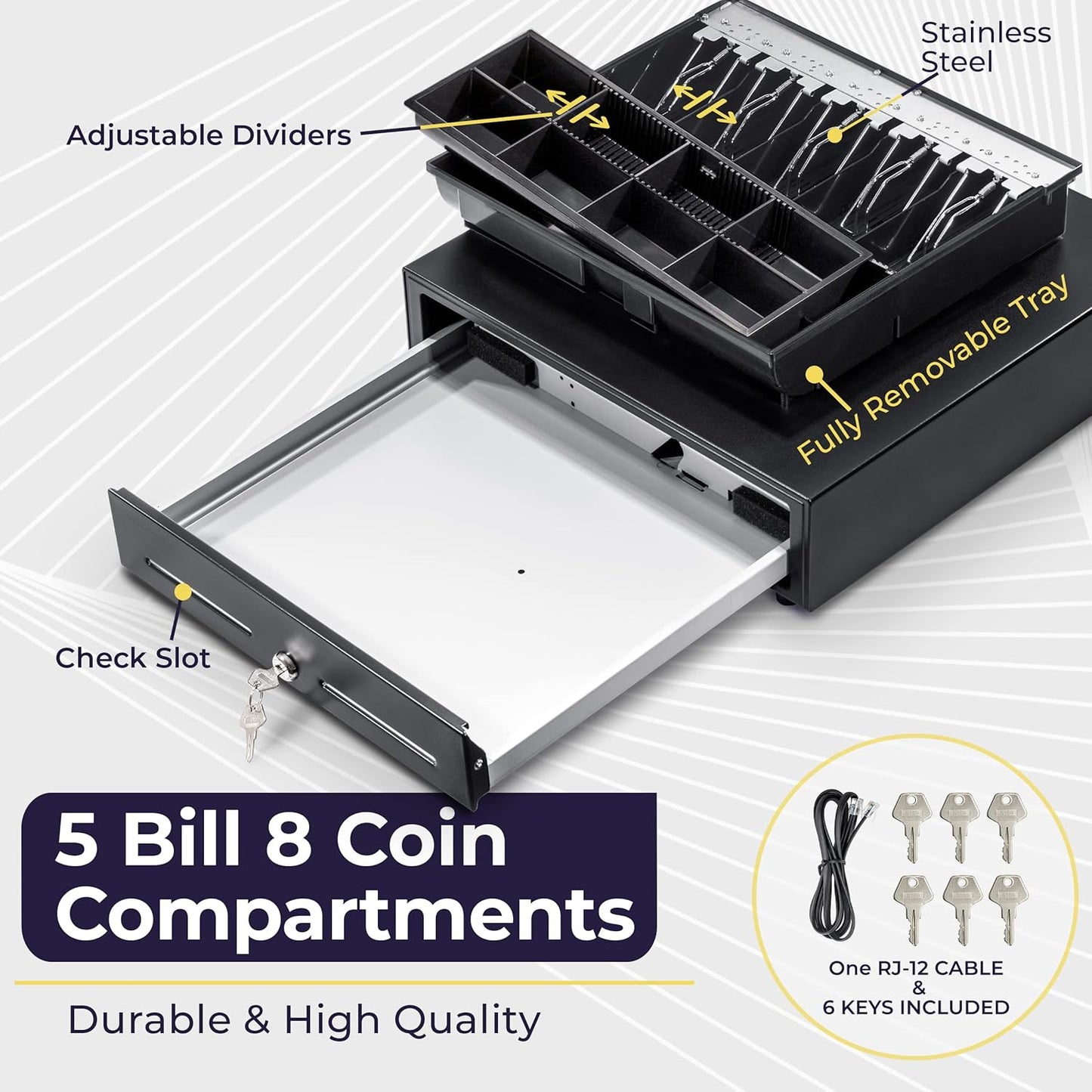 Volcora Cash Register Drawer for Point of Sale (POS) System with Fully Removable 2 Tier Cash Tray, 5 Bill/8 Coin, 24V, RJ11/RJ12 Key-Lock, Double Media Slot, Black