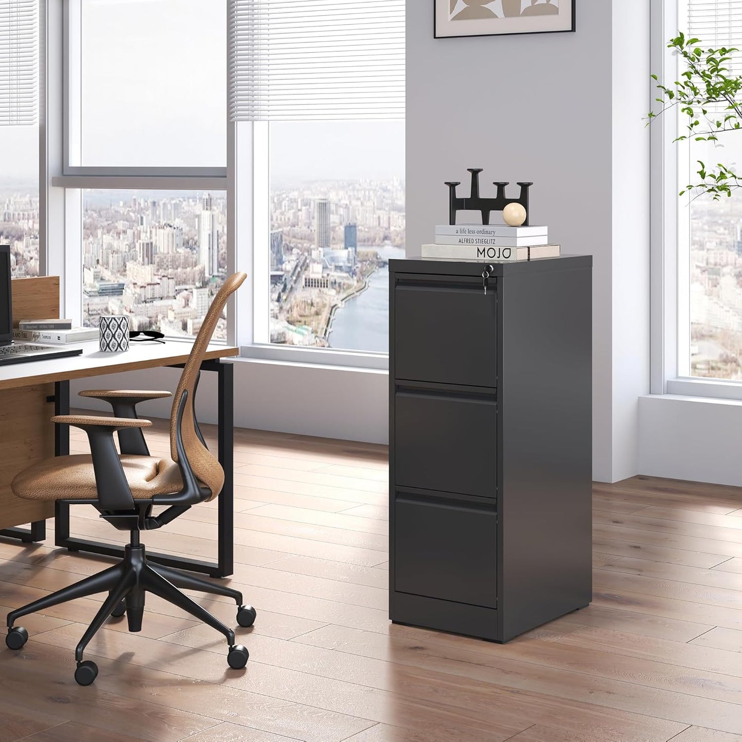3 Drawer File Cabinet with Lock, Metal Vertical Filing Cabinets for Home Office, Steel Storage Cabinet for Hanging Legal/Letter Size Files, Assembly Required (Black)
