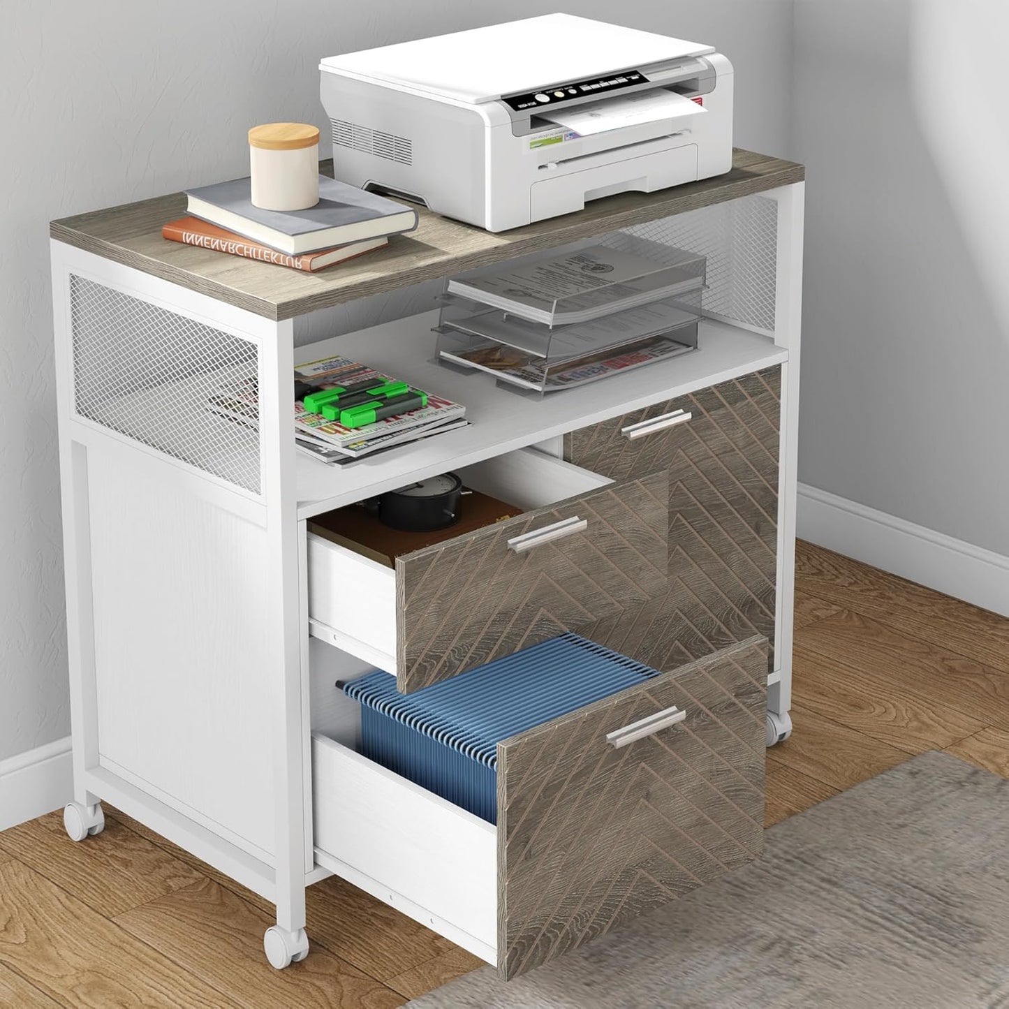 Tribesigns Modern File Cabinet with Drawers for Letter-Sized File and Door, Lockable lateral Filing Cabinet Printer Stand with Storage Shelves and with Rolling Caster for Home Office (Oak)