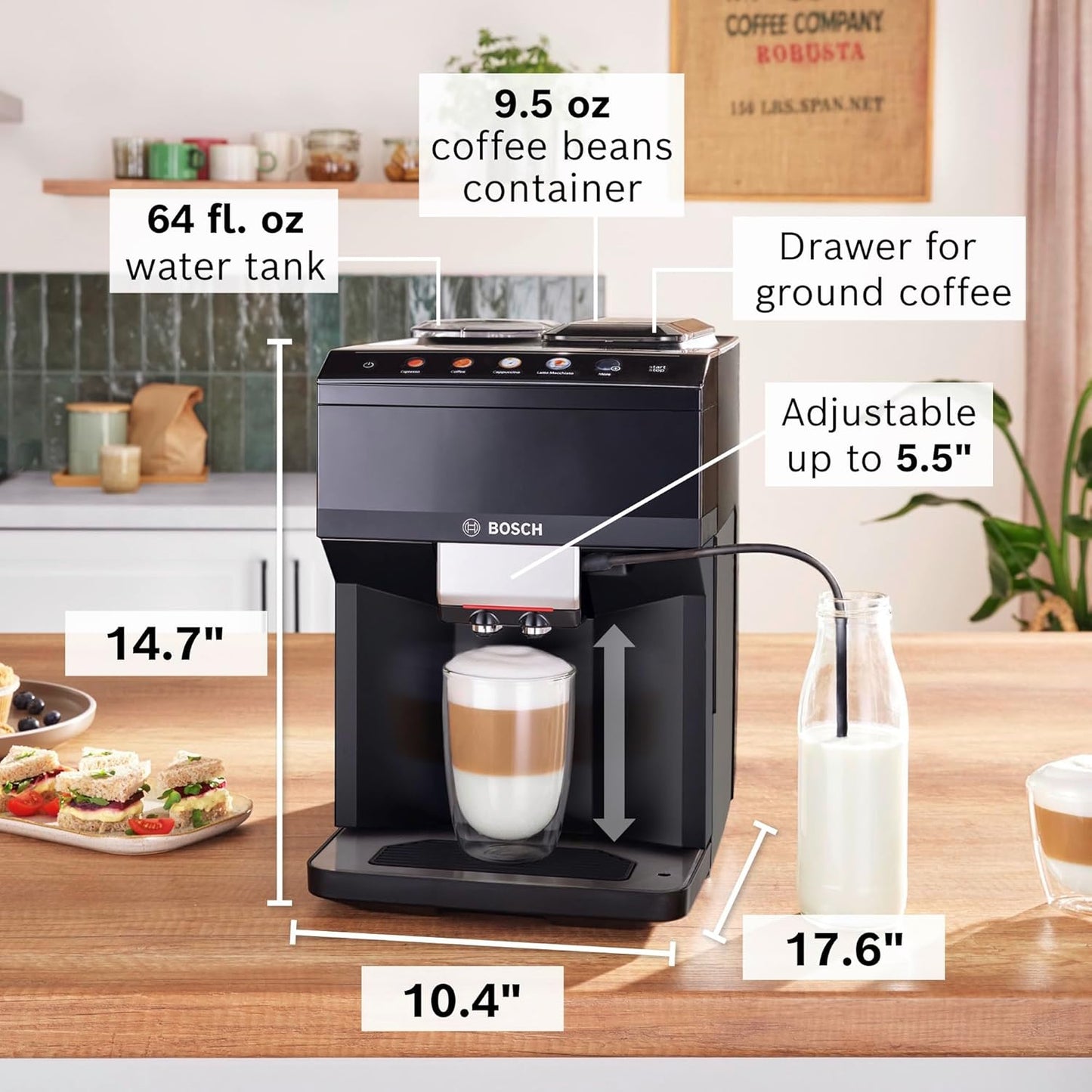 Bosch 500 Series Fully Automatic Espresso and Coffee Machine – Touch Control Panel, Milk Hose, Ceramic Grinder, Uses Beans & Ground Coffee, 9 One-Touch Drinks, in Black TPU40109