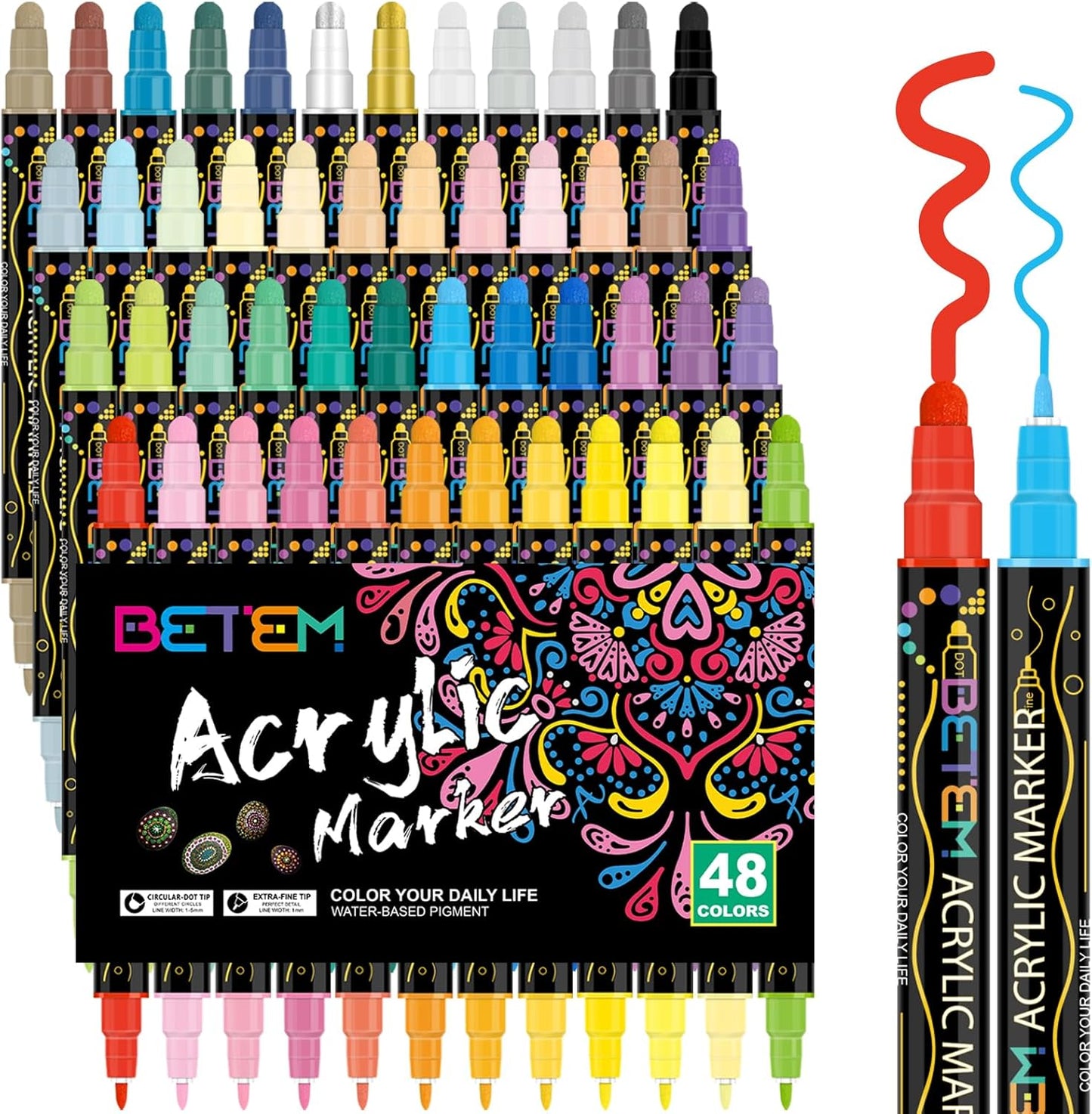 Betem 48 Colors Dual Tip Acrylic Paint Pens Markers, Premium Acrylic Paint Pens for Wood, Canvas, Stone, Rock Painting, Glass, Ceramic Surfaces, DIY Crafts Making Art Supplies