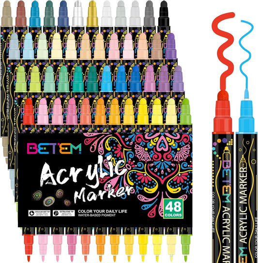 Betem 48 Colors Dual Tip Acrylic Paint Pens Markers, Premium Acrylic Paint Pens for Wood, Canvas, Stone, Rock Painting, Glass, Ceramic Surfaces, DIY Crafts Making Art Supplies
