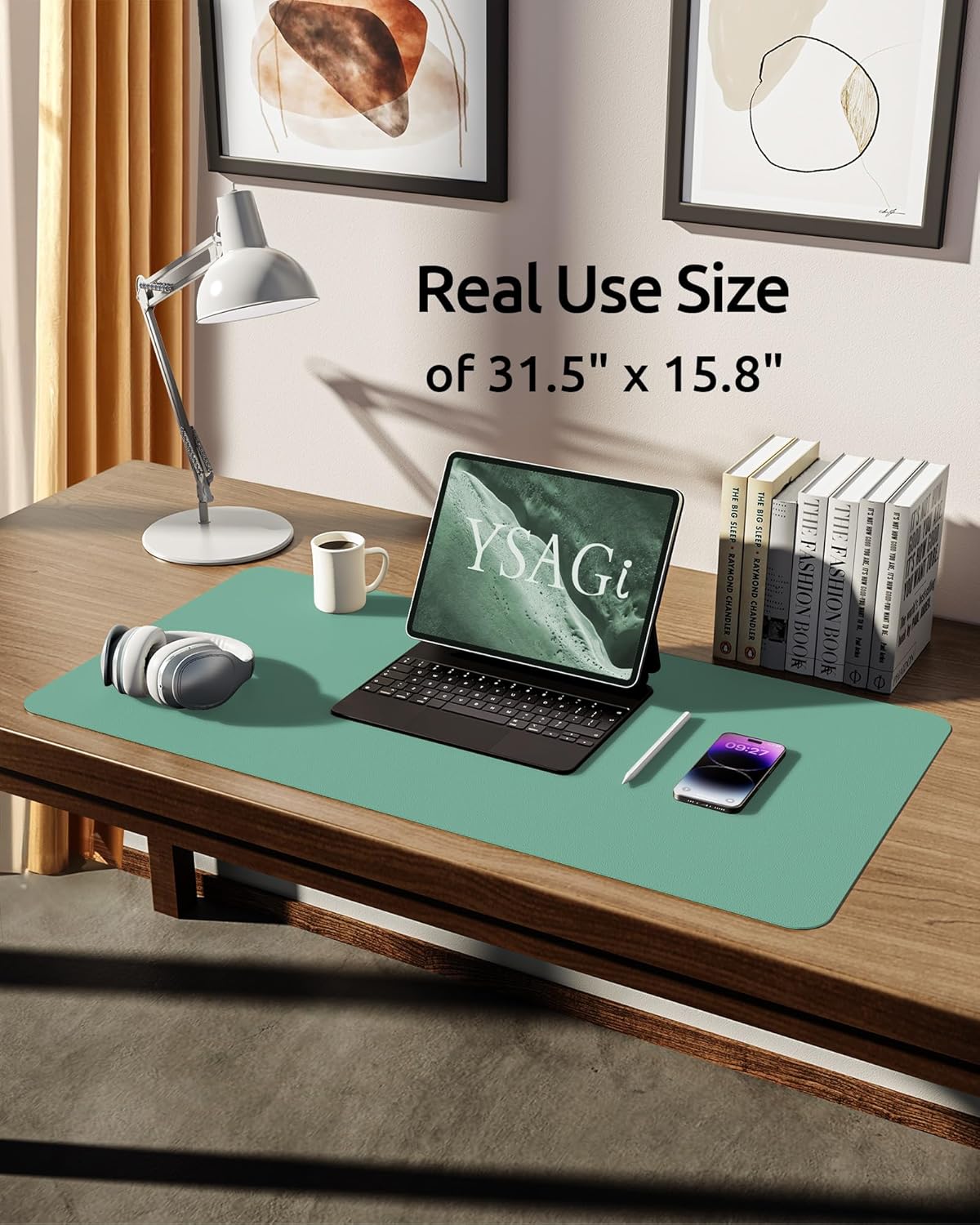 YSAGi Leather Desk Protector, Office Mat, Large Mouse Mat, Non-Slip PU Leather Blotter, Laptop Desk Mat, Waterproof Writing Pad for Office and Home (Green-Blue, 31.5" x 15.8")