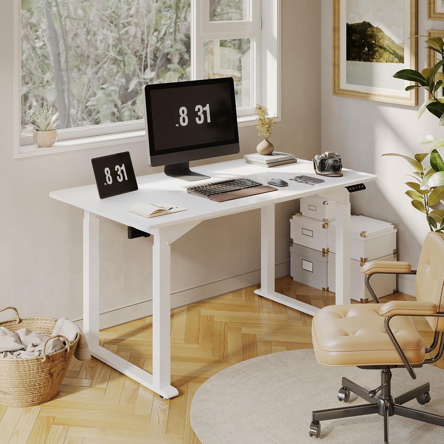 SANODESK 4-Leg Standing Desk, Electric Height Adjustable Desk with Memory Presets for Home Office, Stand up Desk Computer Workstation, 55x28 Inches White