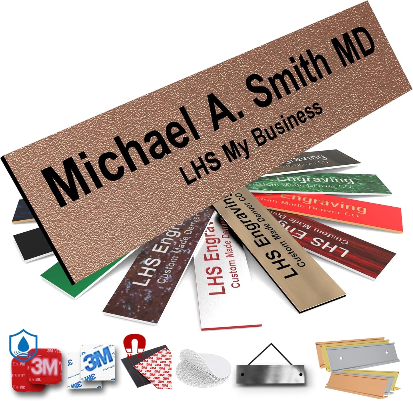 Engraved Name Plates for Door Sign Personalized Textured Copper Plastic Plaque with Black Letters - Made in USA 2x8 M2