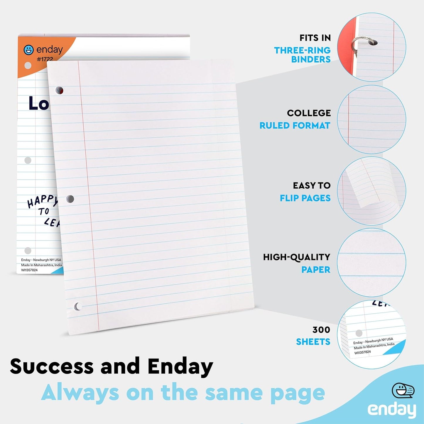 Loose Leaf Paper Bulk, 7200 Sheets, College Ruled, (48 Pack) 150 Sheets Per Pack, 8" x 10.5" White Filler Paper, 3 Hole Punched Binder Paper for 3 Ring Binders, Notebook Paper - By Enday