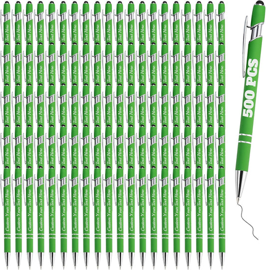 Personalized Pens Bulk 500 with Name Custom Engraving Ballpoint Pens with Stylus Tip Customized Smooth Writing Pens Personalized Gifts for Anniversary Birthday or Graduation(Light Green,Black Ink)