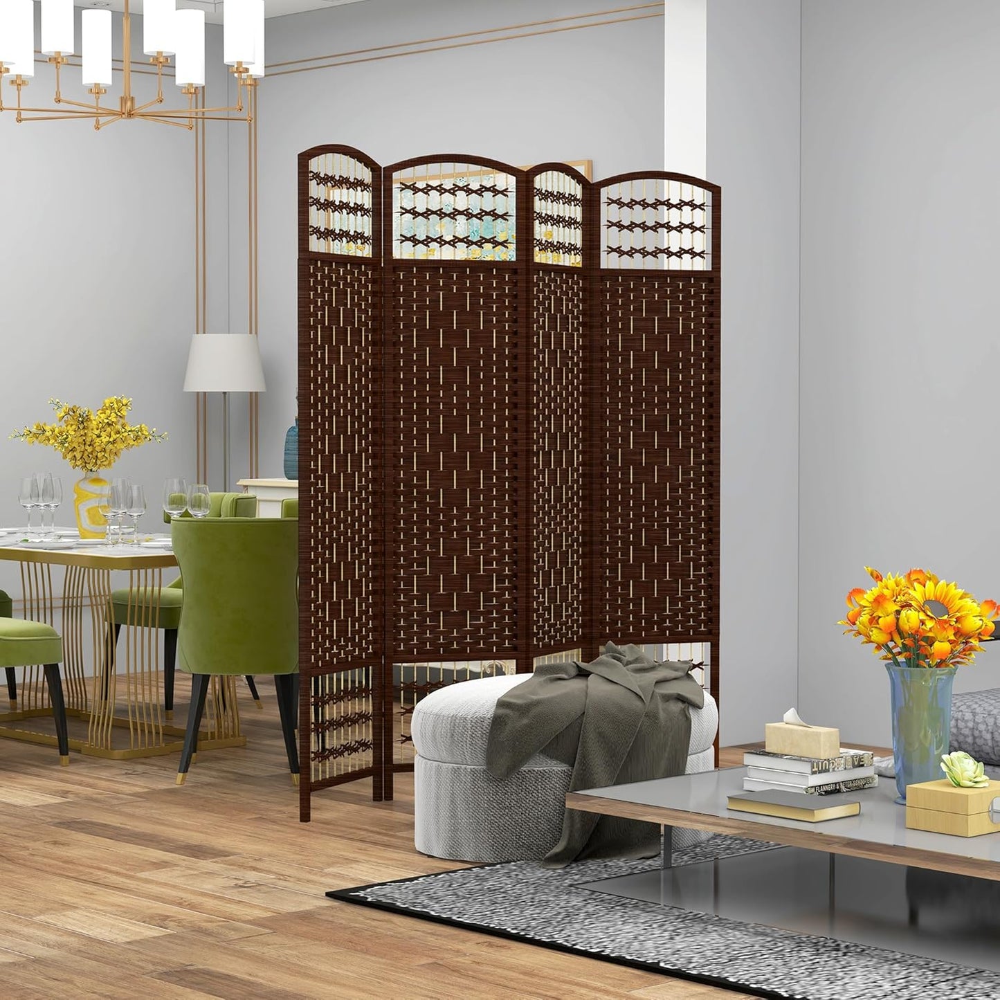 HOMCOM 4 Panel Room Divider, Folding Privacy Screen, 5.6' Room Separator, Wave Fiber Freestanding Partition Wall Divider, Brown