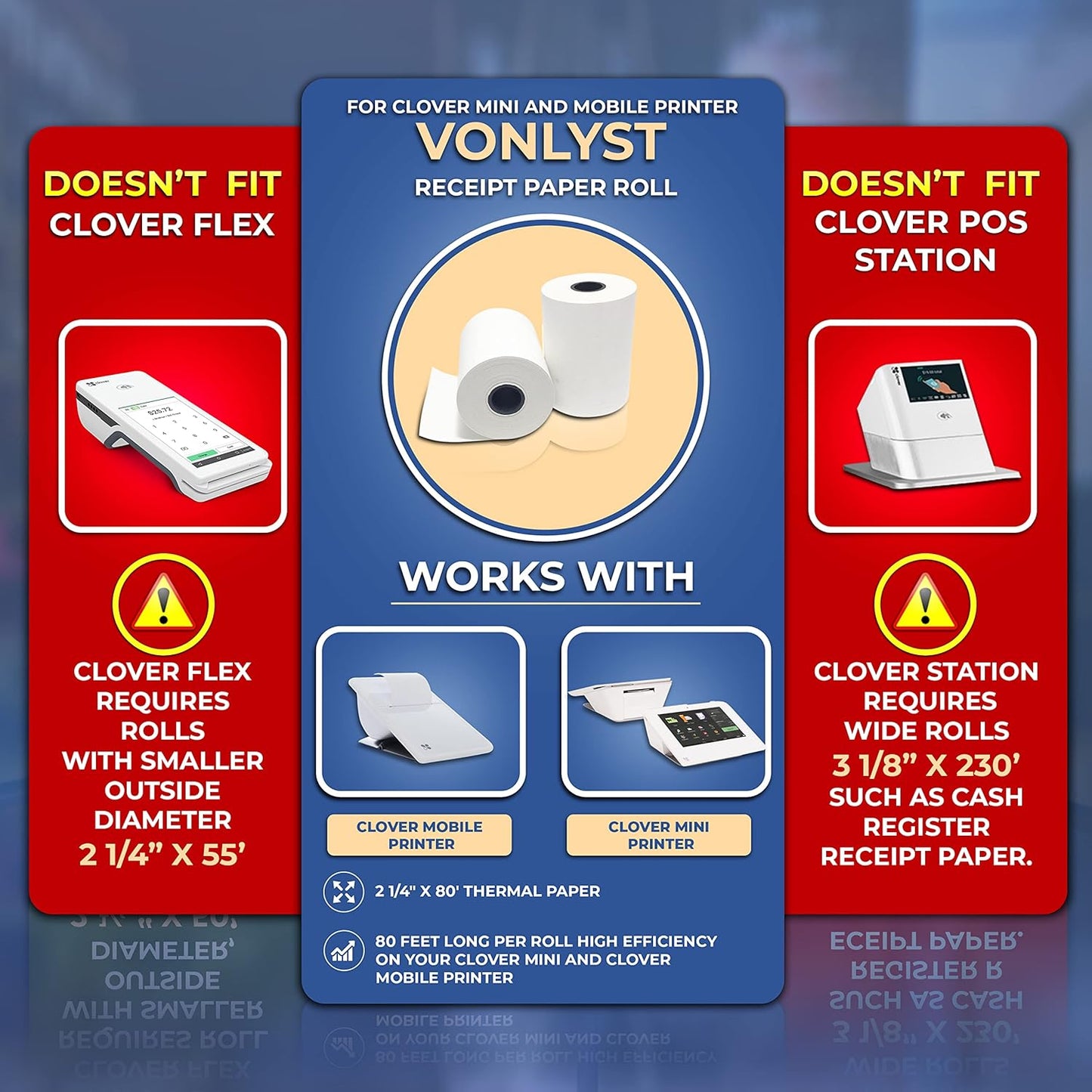 Receipt Paper for Clover Mini and Clover Mobile Thermal Printer 2 1/4 x 80 (40 rolls)