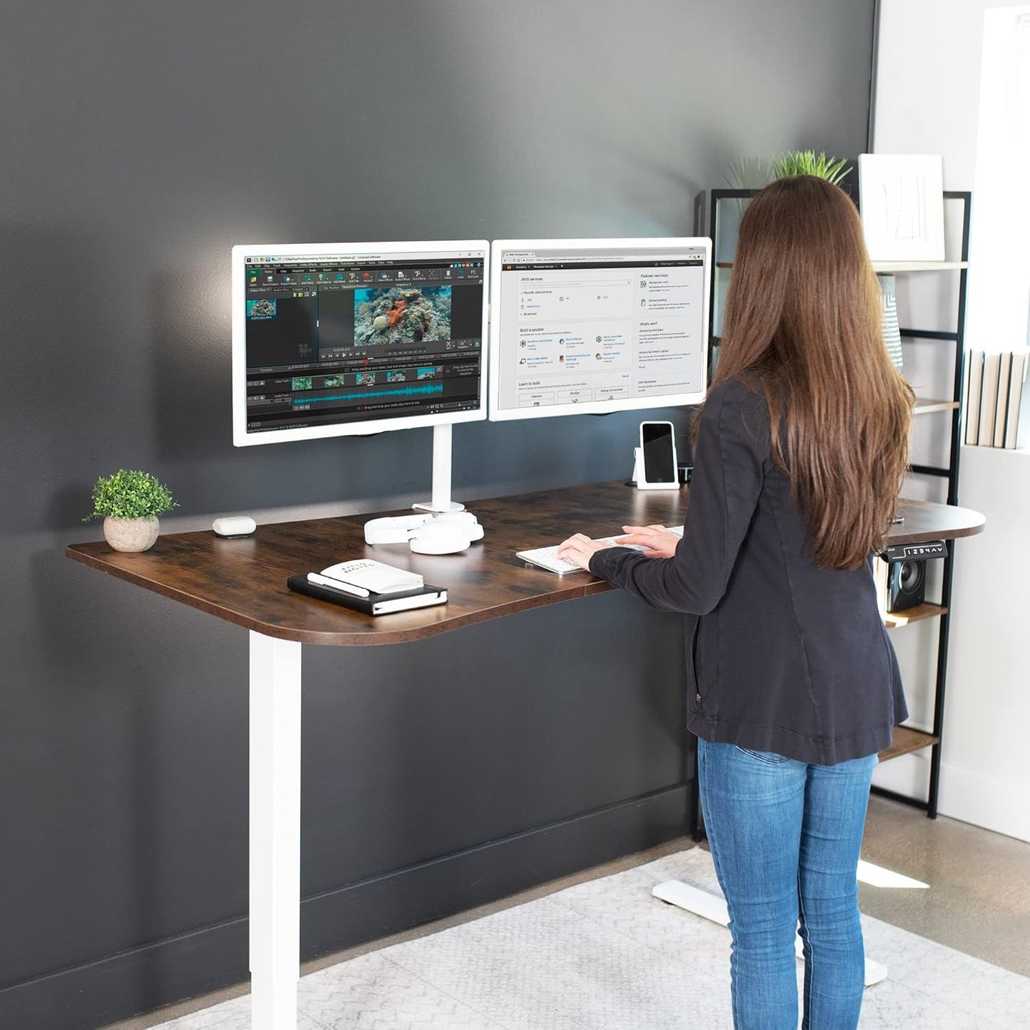 VIVO Electric 63 x 32 in Rustic Standing Desk, Memory Height Adjustment, 1B Series, Vintage Brown Top White Frame, DESK-KIT-1W1N