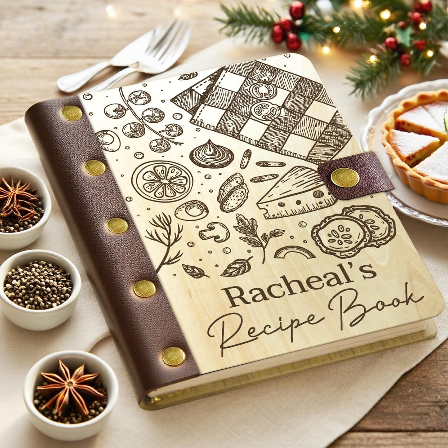 UBJVA Personalized Recipe Book Binder Custom Engraved Recipe Book to Write in Your Own Recipes Wooden Family Cookbook Journal Gift for Christmas Birthday