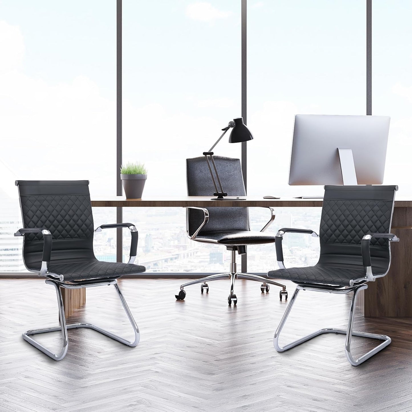 Office Guest Chairs - Set of 8 Modern PU Leather Mid Back Desk Chairs in Black