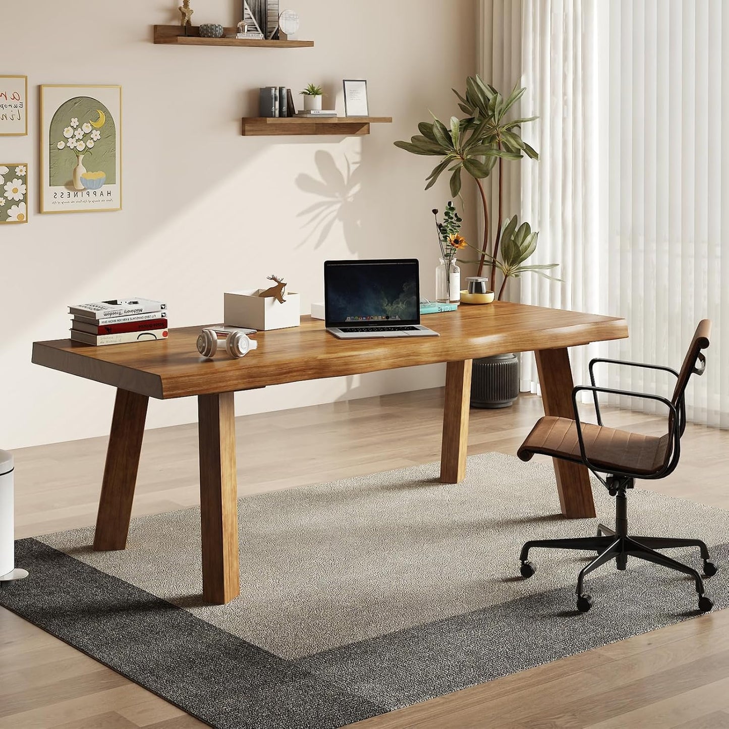 Solid Wood Desk 55 inches, Wood Computer Desk,Home Office Desk Wooden Rustic Writing Desk Modern Simple Design,Ideal for Study, Writing, Dining