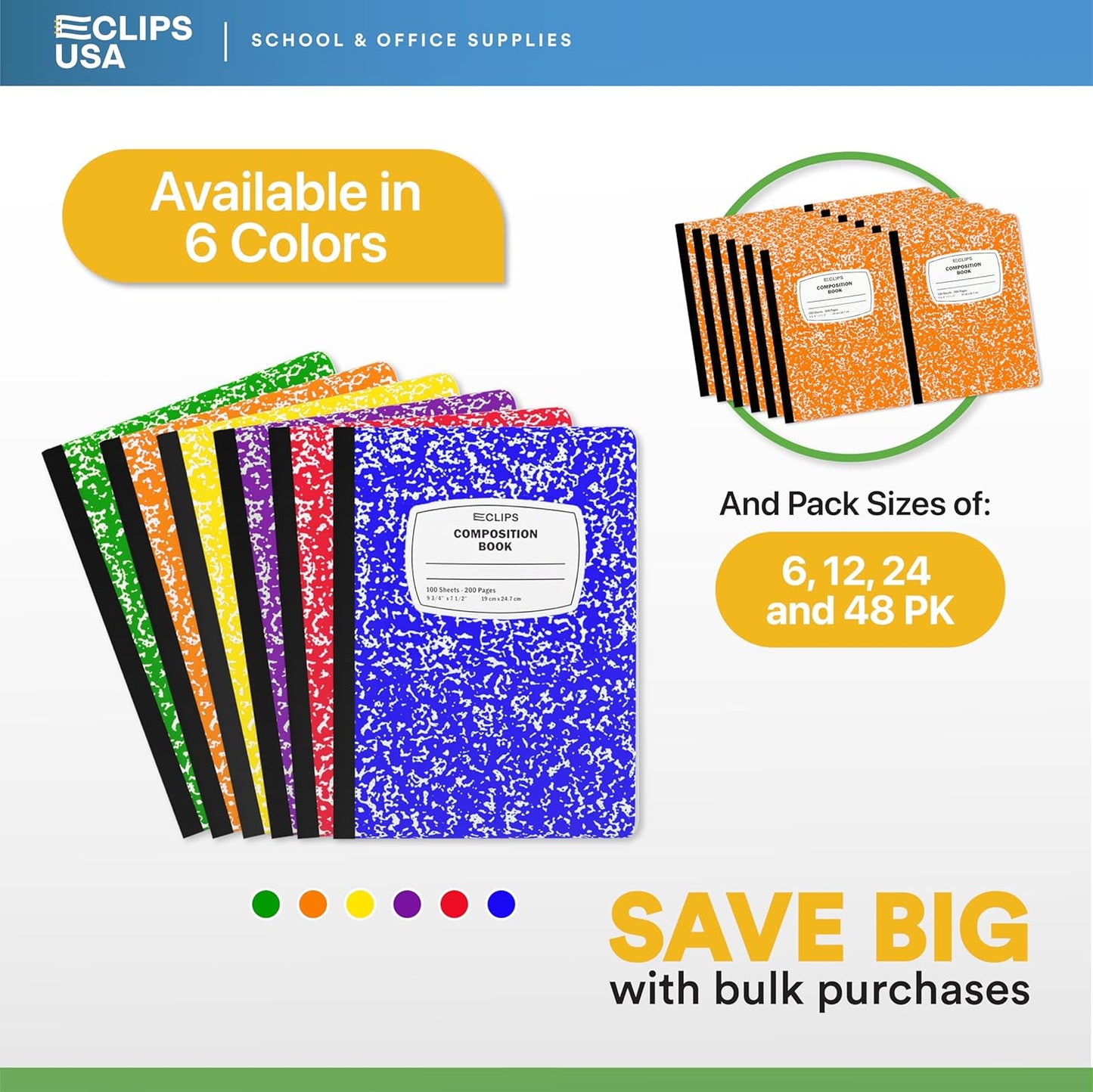 E-CLIPS USA Composition Notebooks, (24 Pack), Wide Ruled Composition Notebook, Marble Composition Notebook, 100 sheets, 200 Pages (24, Orange)