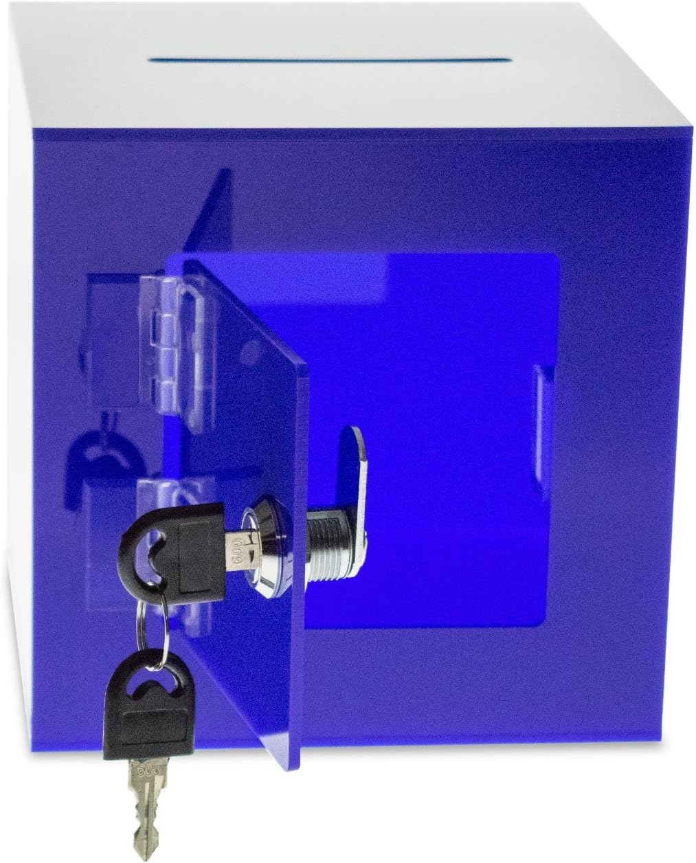 SOURCEONE.ORG Source One Premium Acrylic Cube Donation Box with Deluxe Rear Open Door and Cam Lock Suggestion Box (8 Inch, Blue)