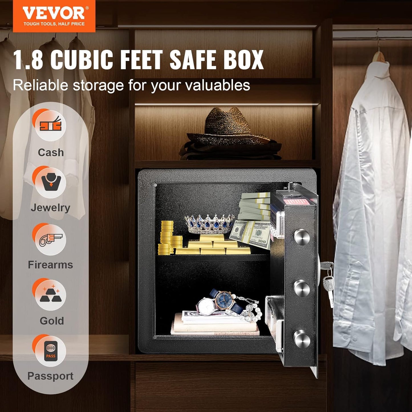 VEVOR Safe Box with Digital Keypad and 2 Keys, 1.8 Cubic Feet Home Safe, Steel Security Cabinet, with Fire-proof Bag, Protect Cash, Gold, Jewelry, for Home, Hotel,15.8"Wx13"Dx16.9"H