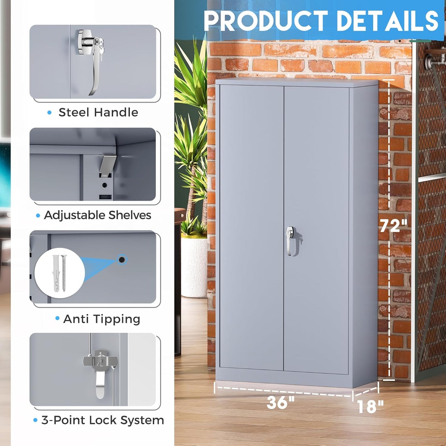 Greenvelly Metal Storage Cabinet with Doors, 72" Lockable Steel Garage Storage Cabinet with Shelves, Dark Grey 36" W x 18" D