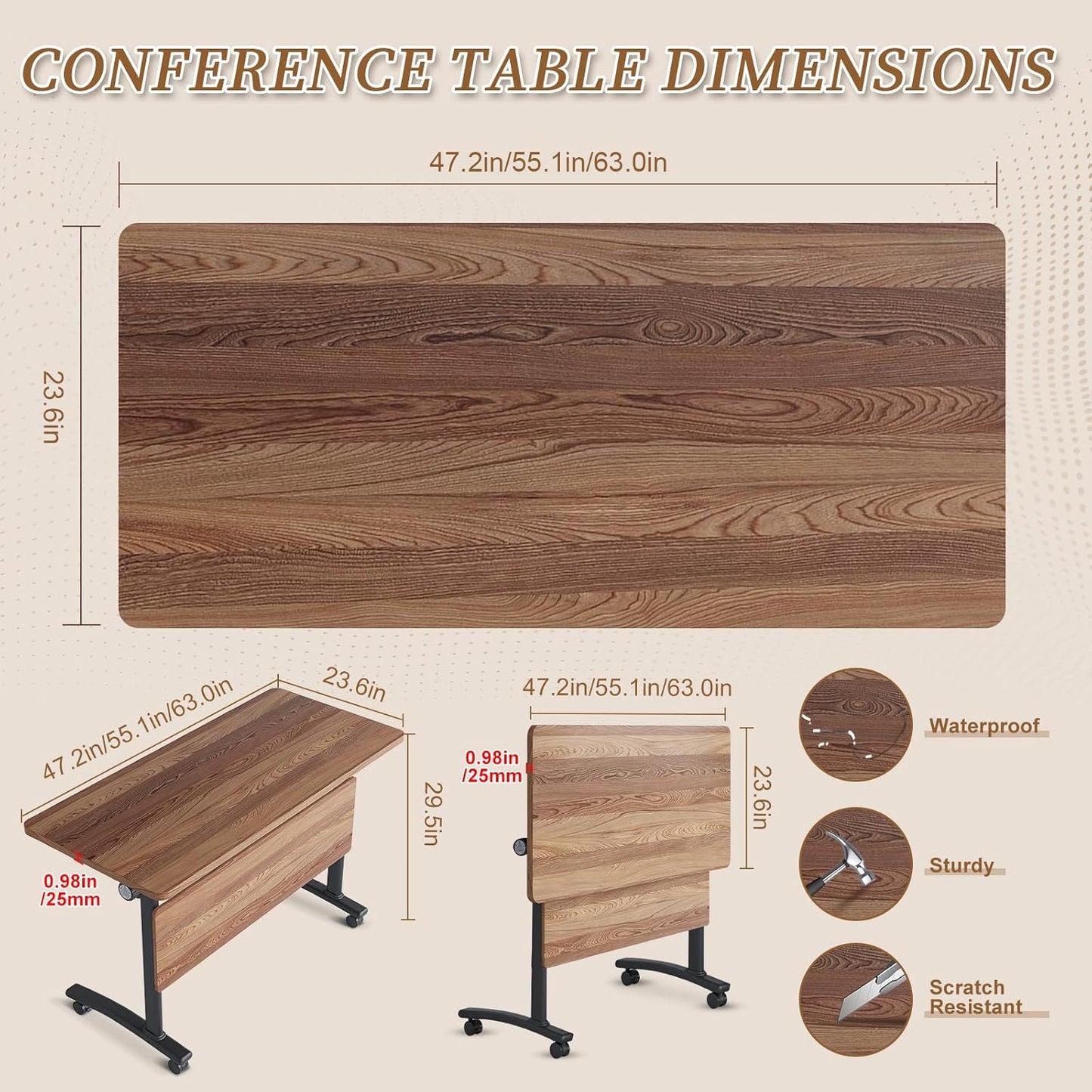 Folding Conference Room Table, Modern Conference Tables with Silent Wheels, Large Rectangular Mobile Training Tables for Office Classroom, Foldable Modular Boardroom Seminar Table (8pack L63in)