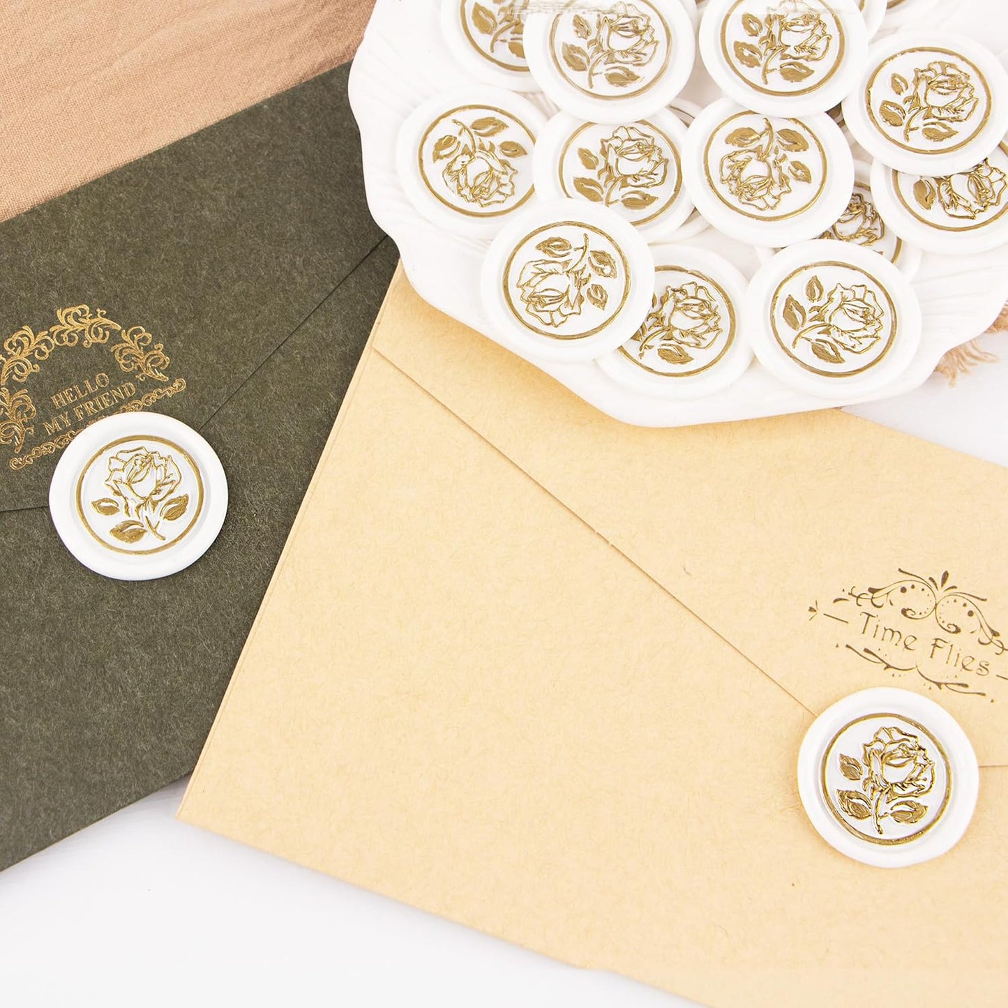 25Pcs Gold & White Wax Seal Stickers - Handmade Envelope Seals, Self-Adhesive Wax Stickers for Wedding Party Invitations, Envelope, Gift Wrap, Christmas (Gold Rose Style, White)