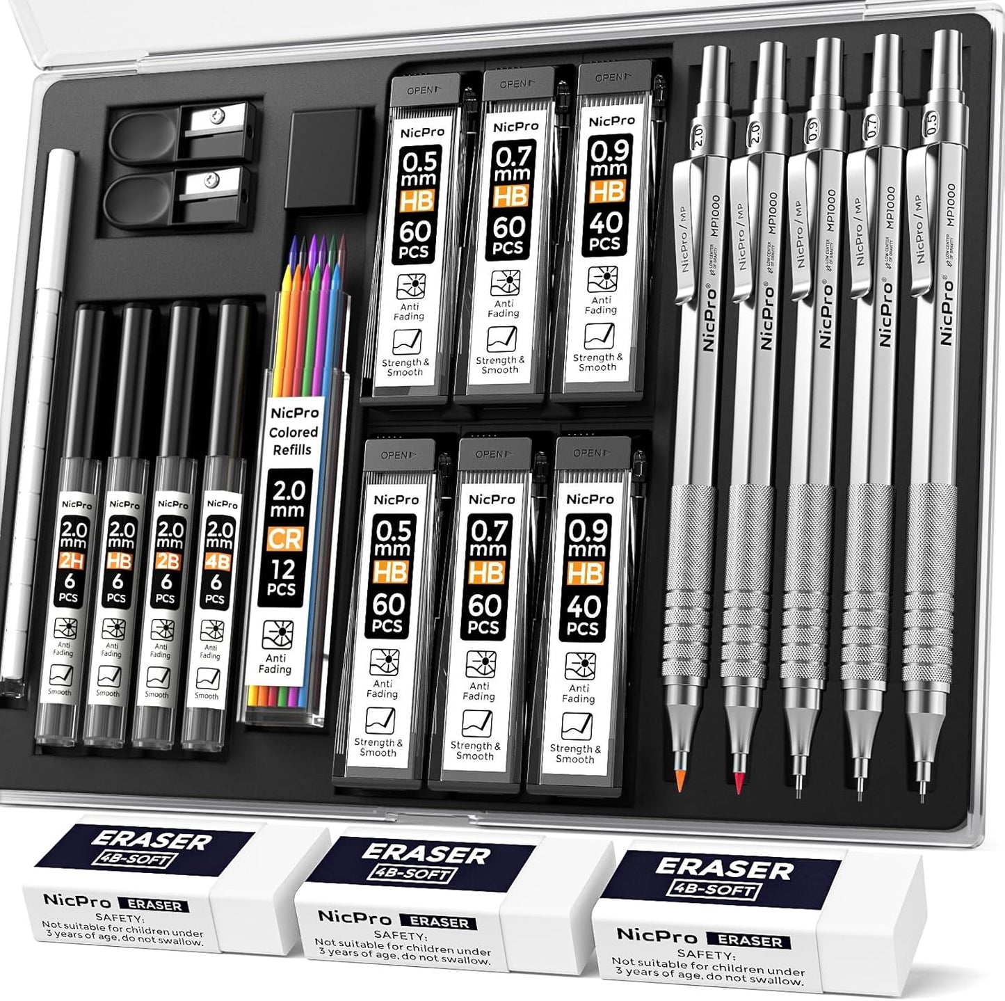 Nicpro 22PCS Metal Mechanical Pencil Set in Case, Art Drafting Pencil 0.5, 0.7, 0.9 mm & 2 PCS 2mm Mechanical Drawing Pencils with 396PCS Leads (4B 2B HB 2H Colored) for Drawing Writing Sketching