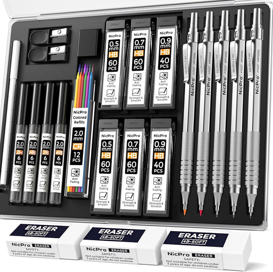 Nicpro 22PCS Metal Mechanical Pencil Set in Case, Art Drafting Pencil 0.5, 0.7, 0.9 mm & 2 PCS 2mm Mechanical Drawing Pencils with 396PCS Leads (4B 2B HB 2H Colored) for Drawing Writing Sketching