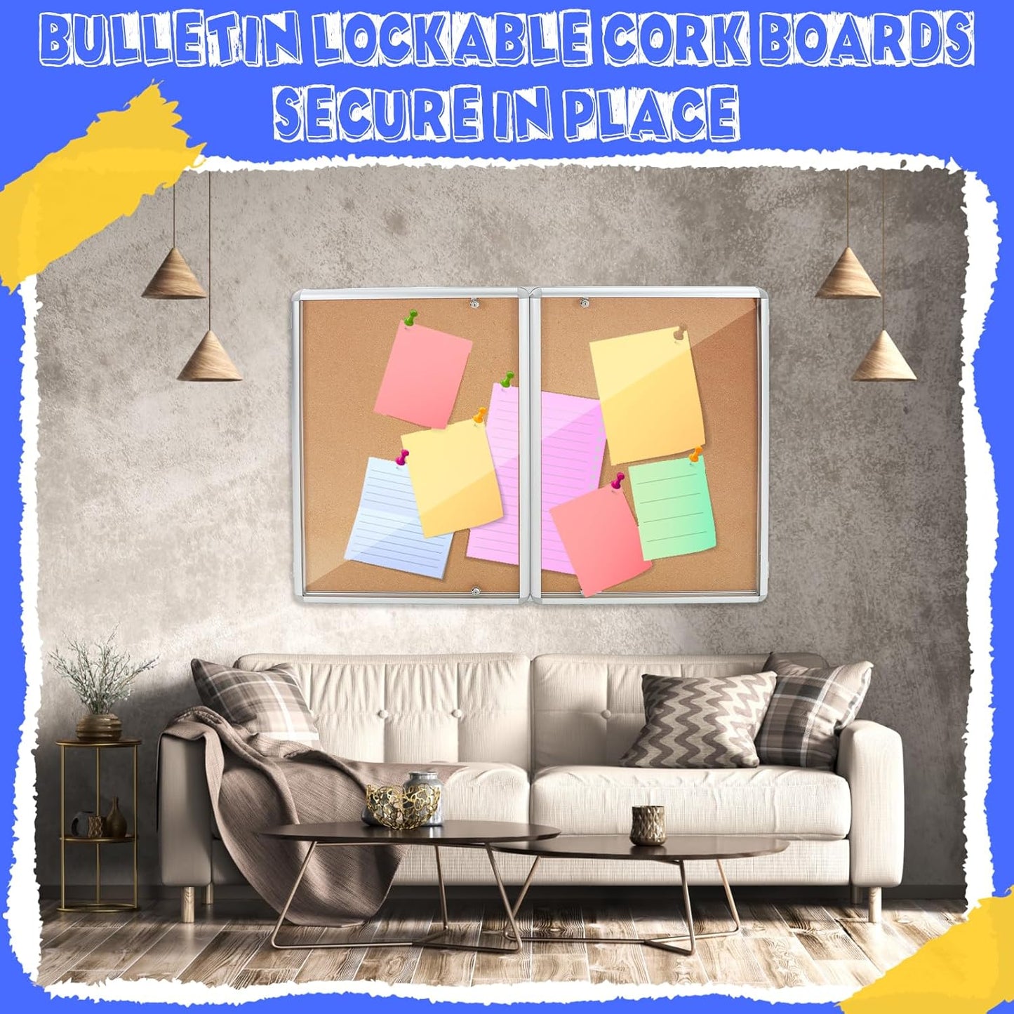 Enclosed Bulletin Board 48" x 36" Weather Resistant Lockable Notice Cork Display Board Wall Mounted 2 Locking Door for School Classroom Commercial Back to School, 12 x A4(Brown, Silver Frame)