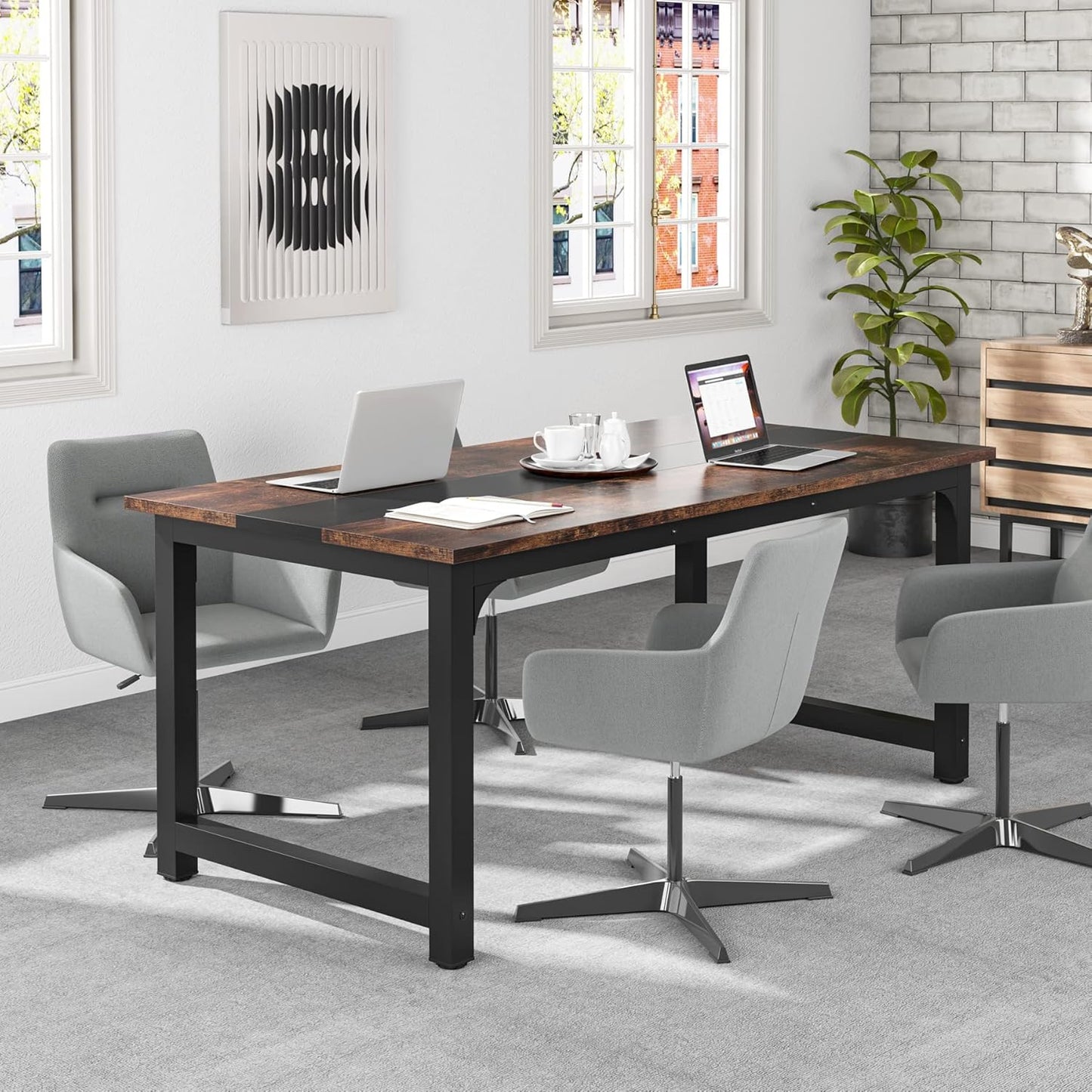 Tribesigns 63” Executive Desk, Large Office Computer Desk with Thicken Frame, Modern Simple Workstation Business Furniture for Home Office, Vintage Brown/Black