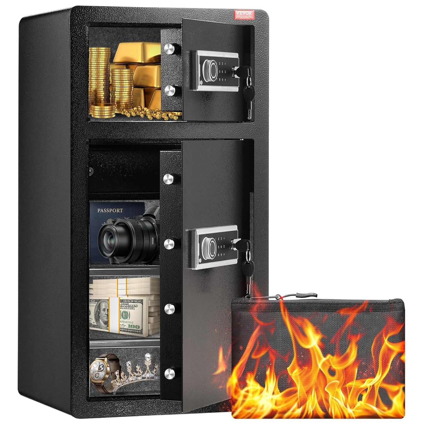 VEVOR Double Doors 5.5 cu.ft Safe Box with Key Lock & Password, Safe Lock Box with Fireproof Bag, Key Rack, LED Light, 2 Height Adjustable and Removable Divider and 1 Cabinet for Money,Documents,Black