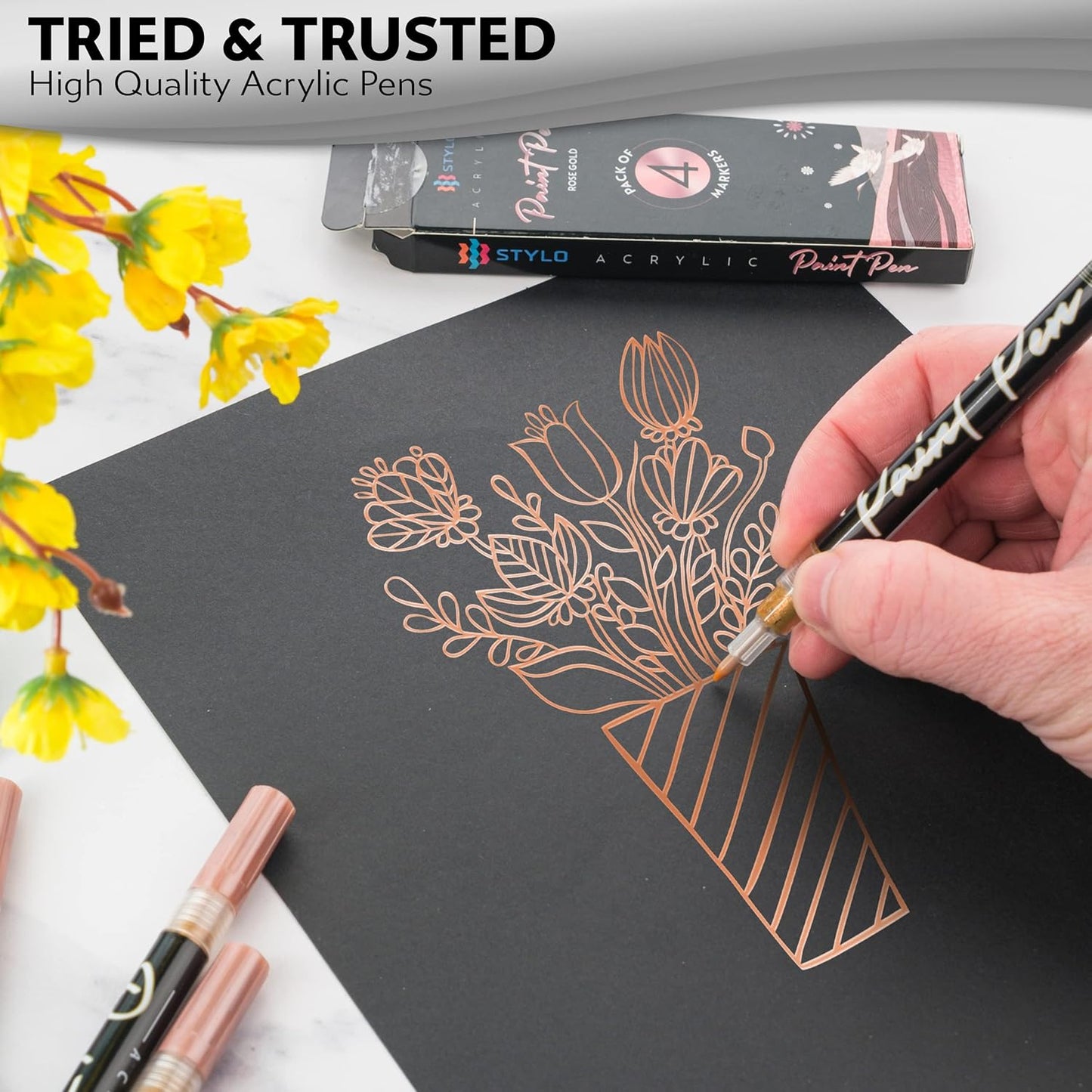Stylo 4 Count Acrylic Metallic Pens - Rose Gold Paint Pens - Fine Tip Permanent Acrylic Metallic Paint Markers for Rock Painting, Glass, Wood, Ideal for Arts and Crafts (Pack of 4, Rose Gold)