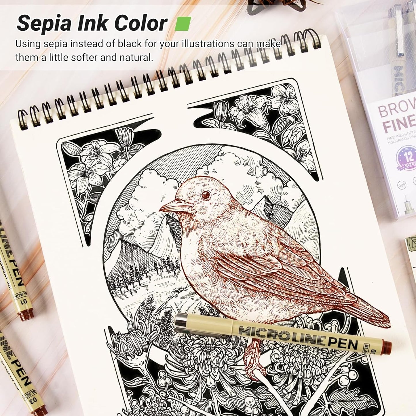 KERIFI Sepia Micro Pen Set, 12 Assorted Sizes Fineliner Ink Art Drawing Pens, Water-Resistant Archival Ink Multiliner Pens for Illustration Technical Sketching Manga Scrapbooking Journaling Zentangle