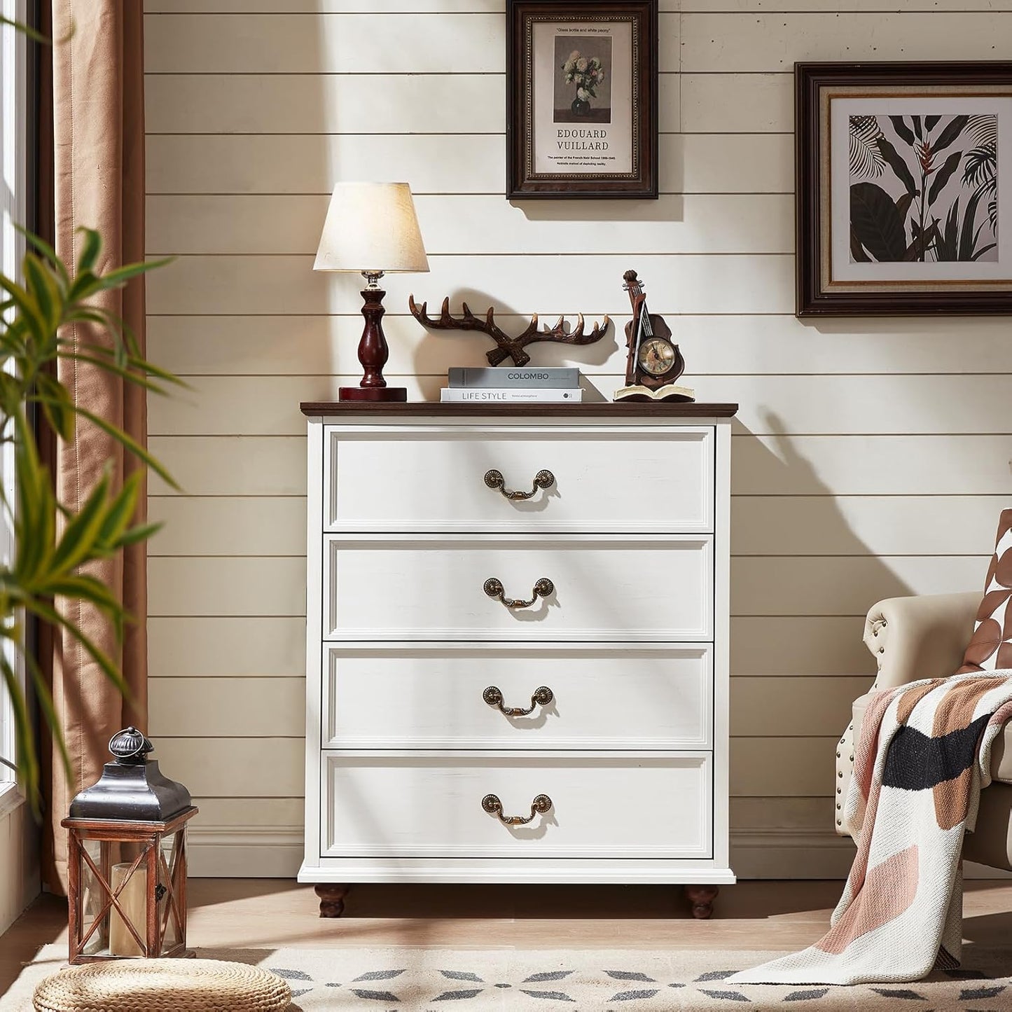 Farmhouse 4 Drawer Dresser Set of 2 for Bedroom, 37" Tall Rustic Chests of Drawers w/ 4 Solid Wood Feet, Mid Century Vintage Wooden Closet Storage Dressers Organizer for Living Room, White