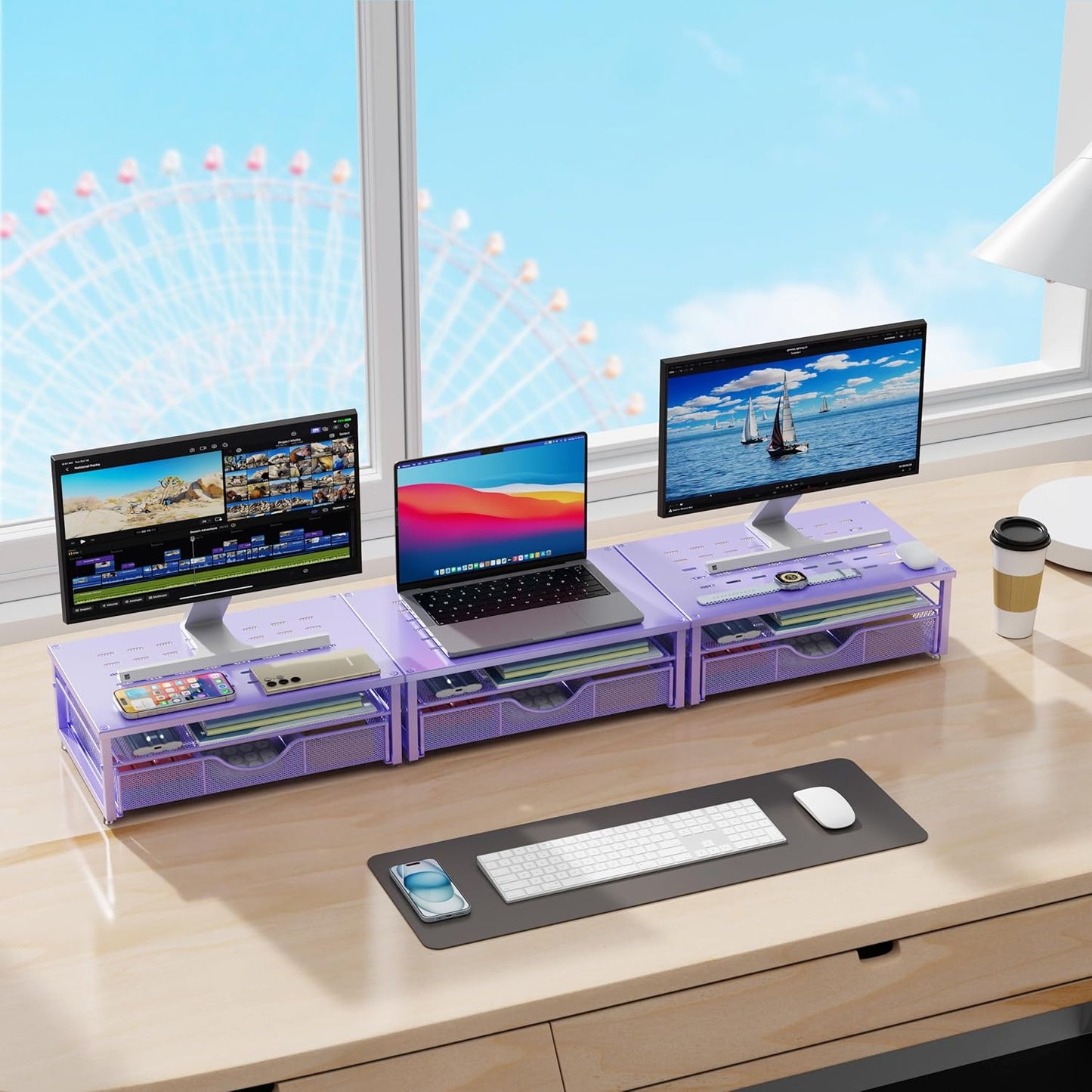 gianotter Computer Monitor Stand Riser, office organizer with Drawer, Office Organizers Storage for Classroom Office Supplies (Purple)