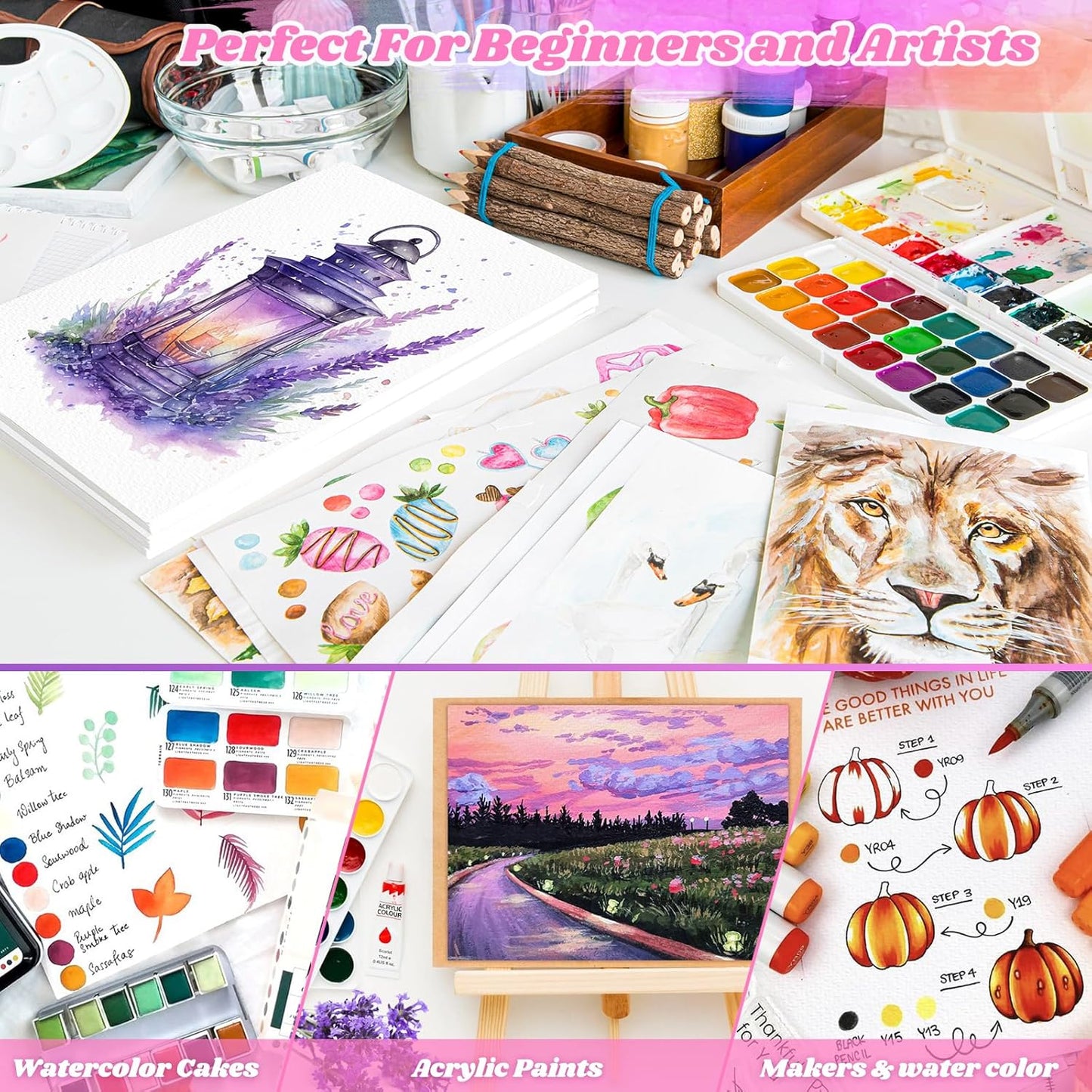 128 Sheets Watercolor Paper, Easter Basket Stuffers, 8.5"x11" Cold Press Water Color Paper, 140lb/300gsm Artist Sketch Easel Acrylic Painting Drawing Supplies for Watercolors, Watercolor Paint Set