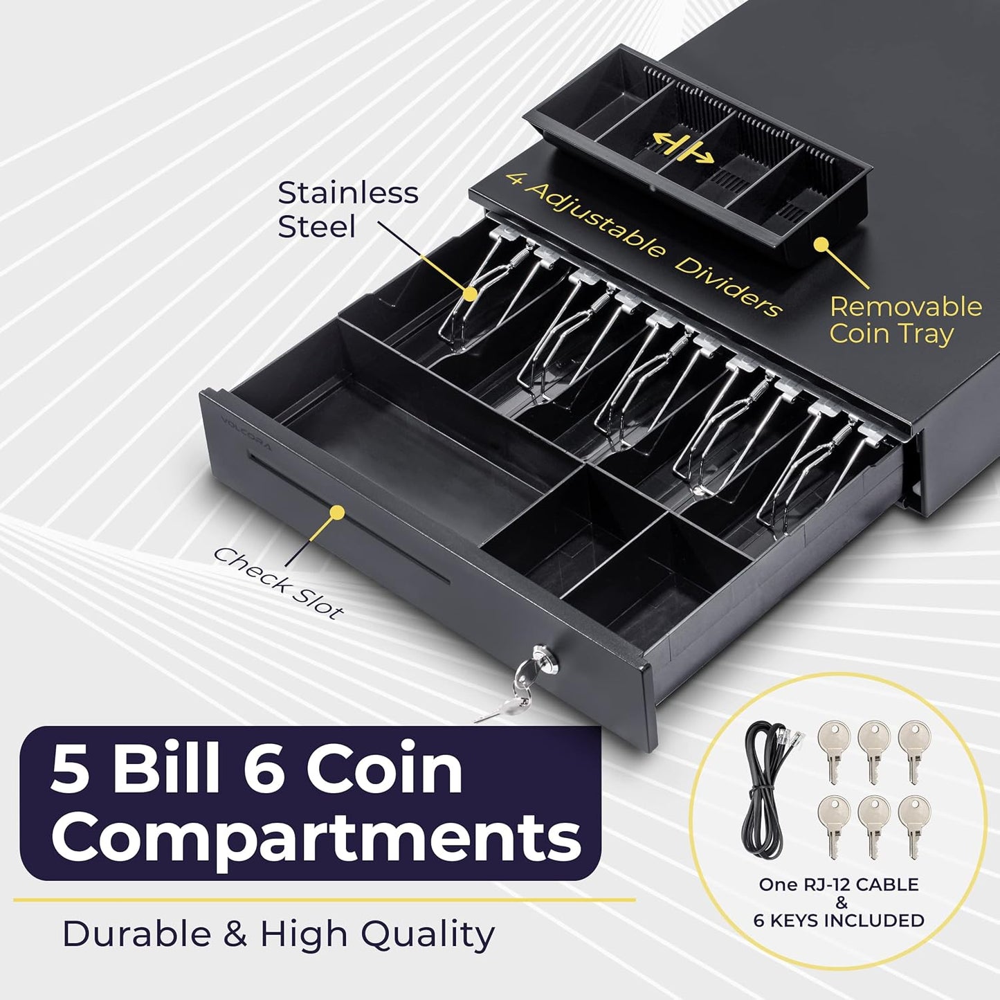 Volcora Cash Register Drawer for Point of Sale (POS) System with Removable Coin Slots, 5 Bill/6 Coin, 24V, RJ11/RJ12 Key-Lock, Media Slot, Black