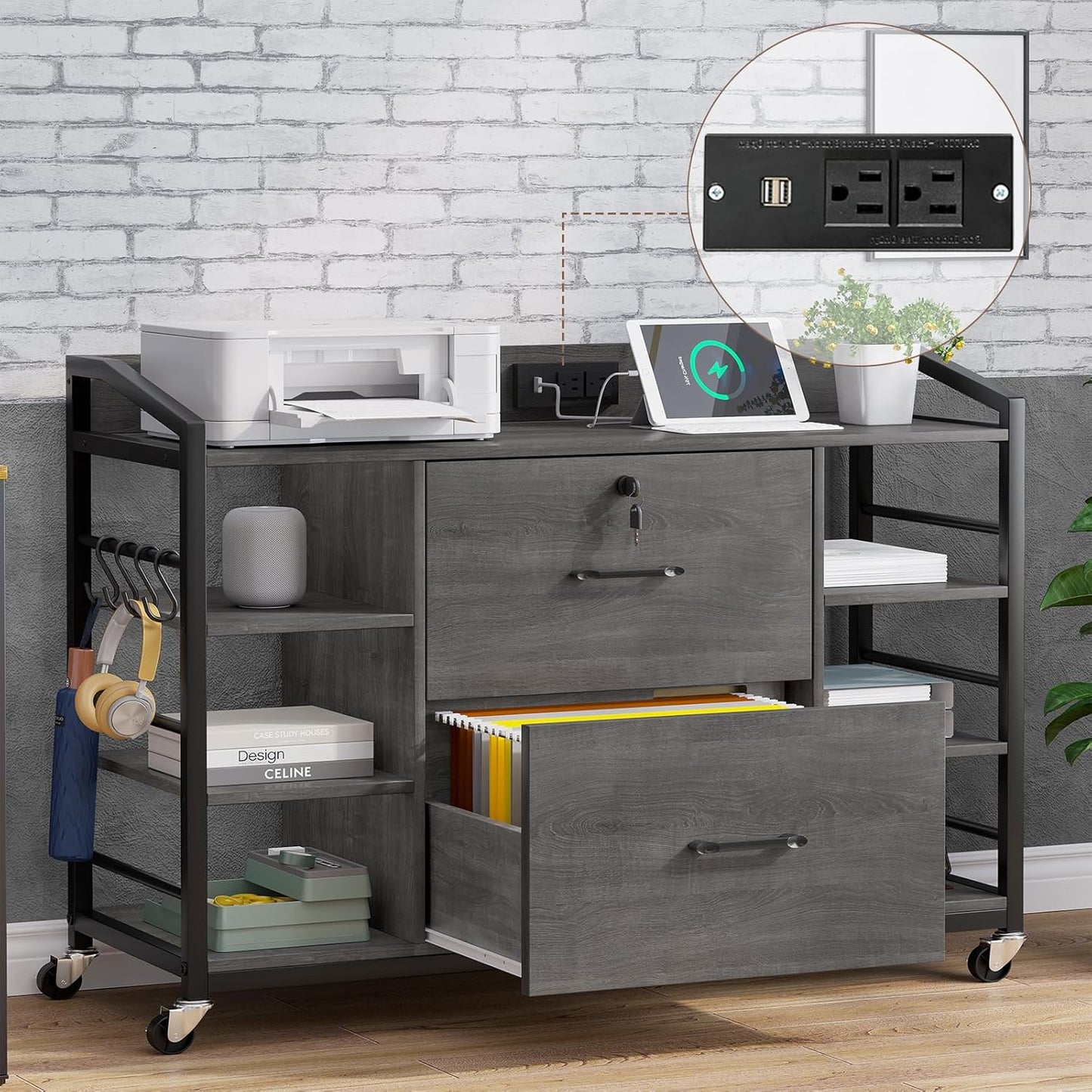 SEDETA 44" File Cabinet, Filing Cabinet fits Legal/Letter Size, 2 Drawer File Cabinets for Home Office with Lock, Power Strip, 6 Storage Shelves, Grey