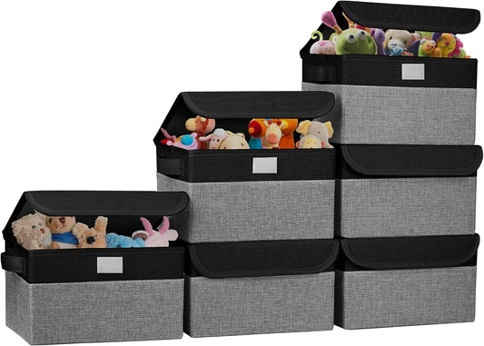Small 8 Quart Linen Fabric Foldable Storage Bin Cube Organizer Basket with Lid & Handles, Collapsible Decorative Box Container for Home, Dorm, Closet, Black & Gray, 10"x8"x6", 6-Pack