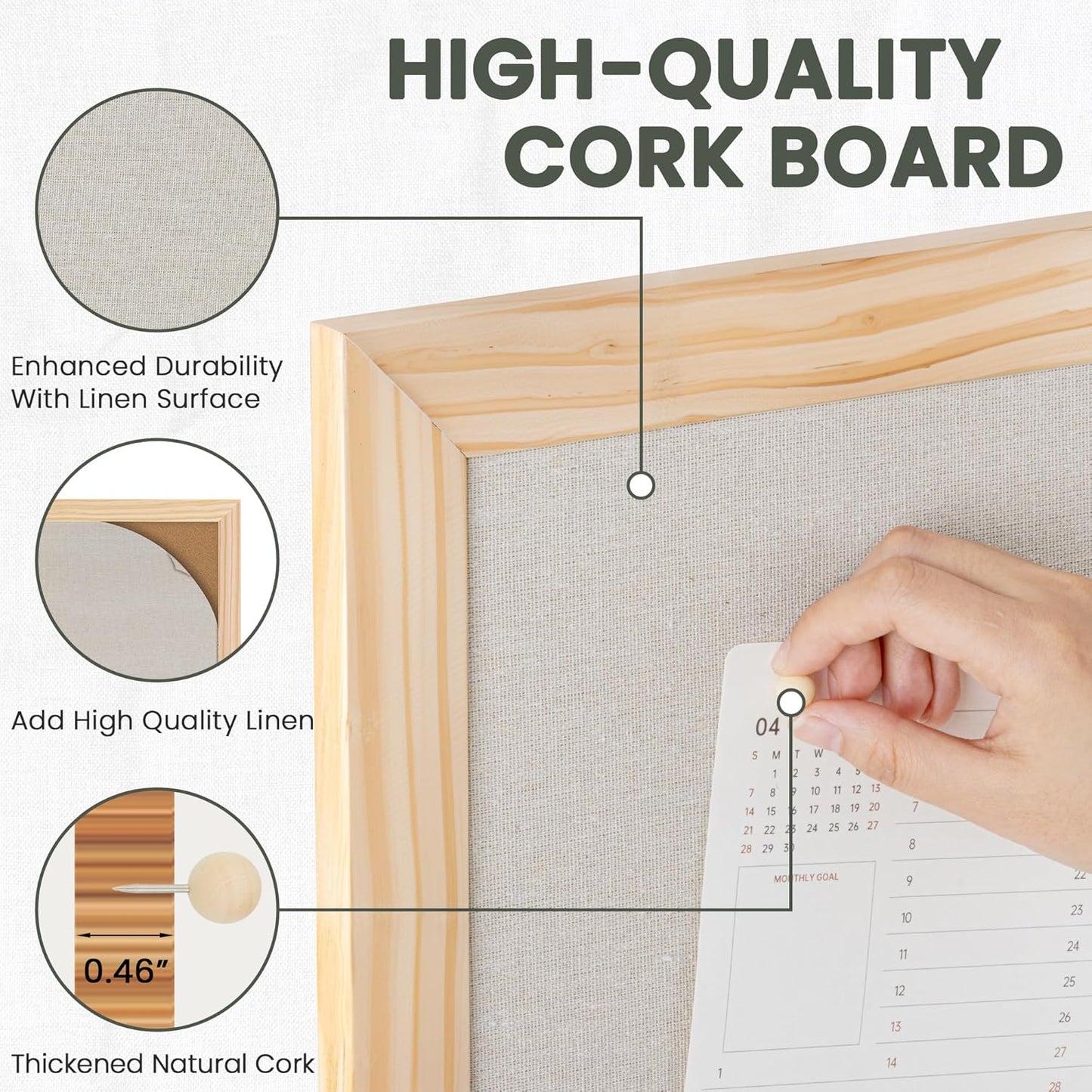 Bulletin Board Cork Board with Linen, 100% Wood Framed 30" x 20" Bulletin Board Decorations, Pin Boards for Walls, Wall Mounted Fabric Picture Board with 10 Pushpins for School, Home & Office, Natural
