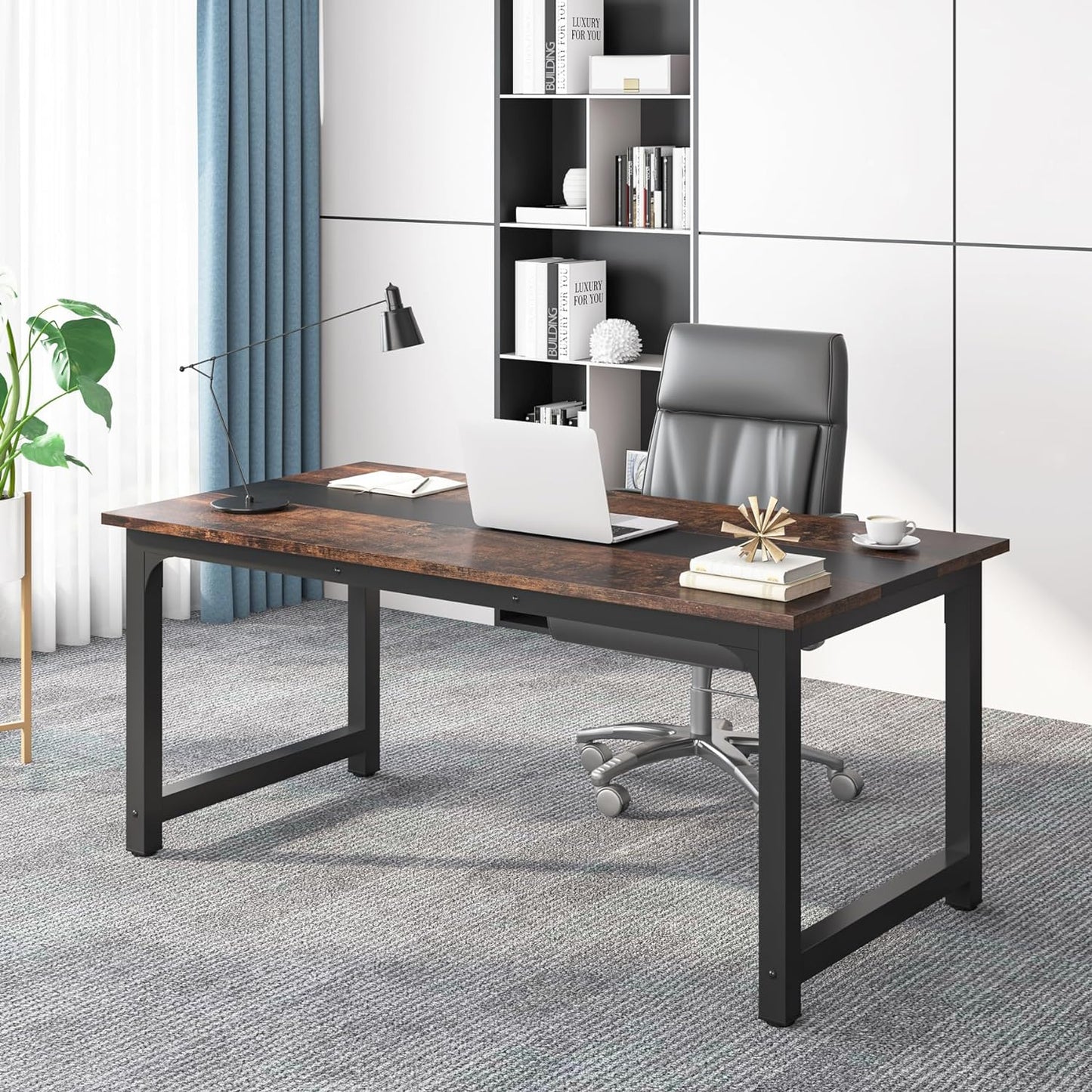Tribesigns 63” Executive Desk, Large Office Computer Desk with Thicken Frame, Modern Simple Workstation Business Furniture for Home Office, Vintage Brown/Black