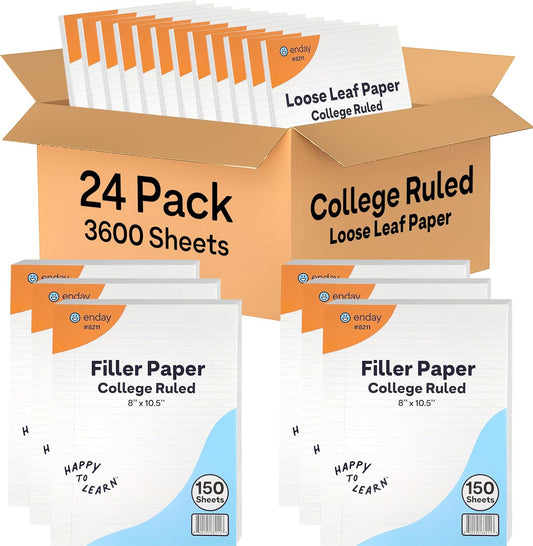 Loose Leaf Paper Bulk, 3600 Sheets, College Ruled, (24 Pack) 150 Sheets Per Pack, 8" x 10.5" White Filler Paper, 3 Hole Punched Binder Paper for 3 Ring Binders, Notebook Paper - By Enday