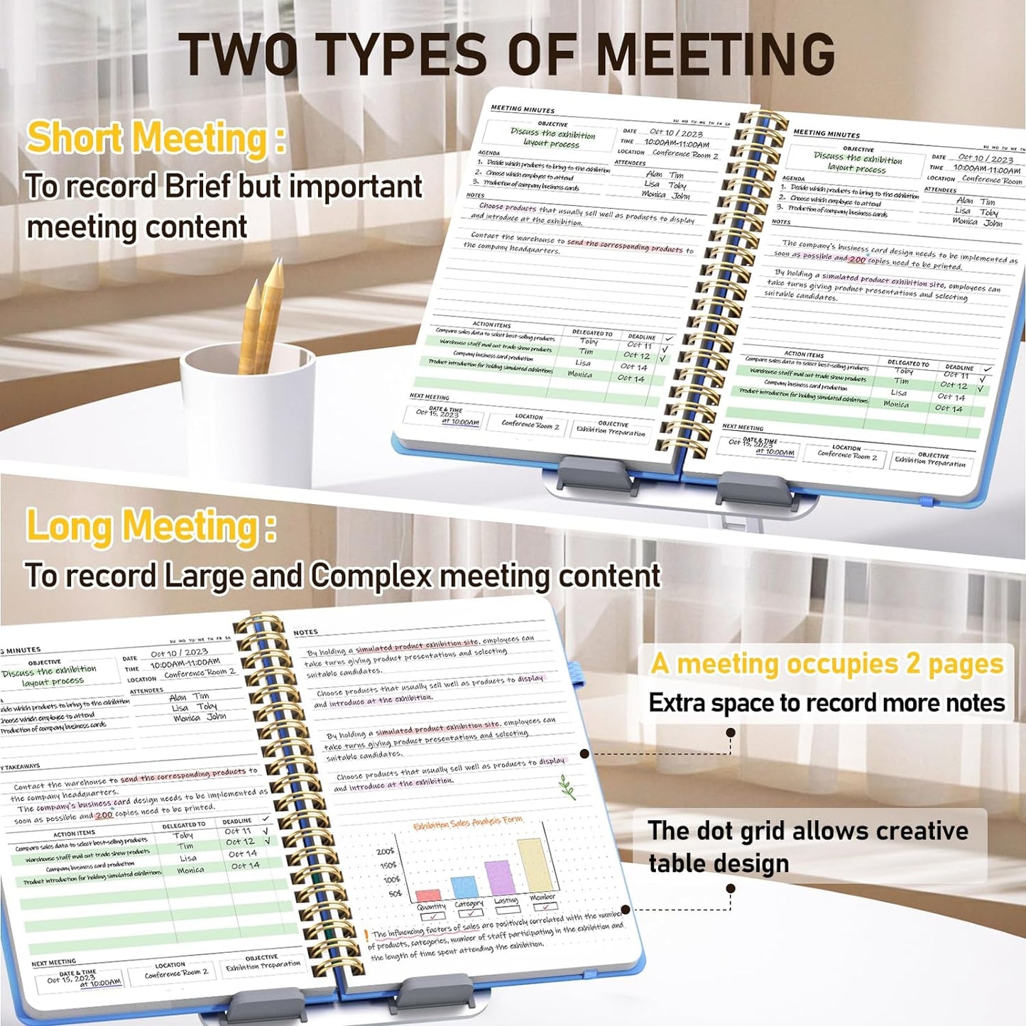WEMATE Meeting Notebook for Work B5 (7"x10") - PU Leather Work Notebook with Agenda, Action Items & Notes - 200 Pages for Men&Women, Staff and Students, Meeting, Projects Planning - Light Blue