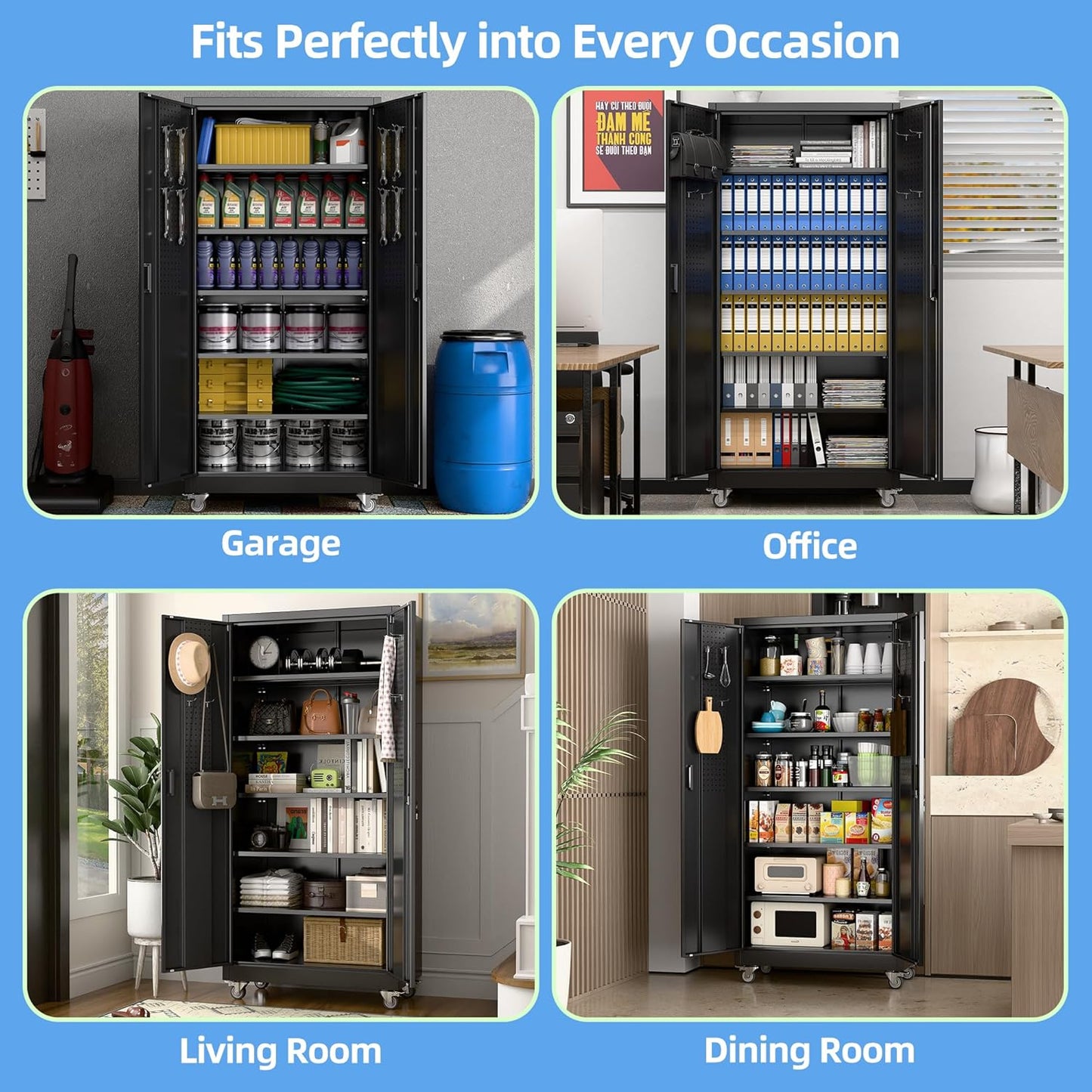 Aobabo Upgraded Garage Storage Cabinets with Wheels,Metal Storage Cabinets with 5 Adjustable Shelves for Garage Home Office Storage, Black,71''H*34''W*18''D,Assembly Required
