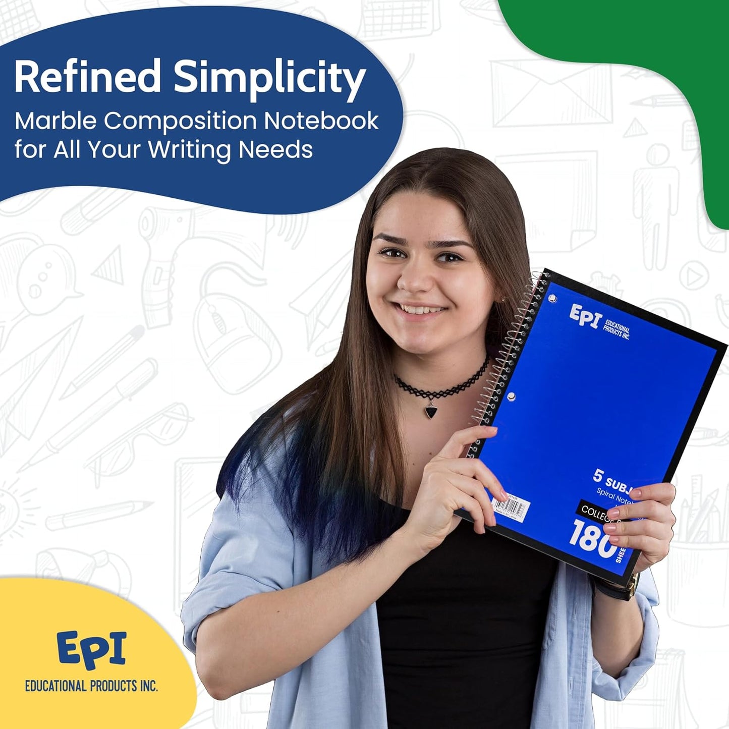 EPI Spiral Notebook | 5 Subject - College Ruled - 180 Sheets, Durable Spiral Binding | 10.5 x 8 in | Classroom Supplies | School, Office, Note Taking, Journaling - 24 Pack