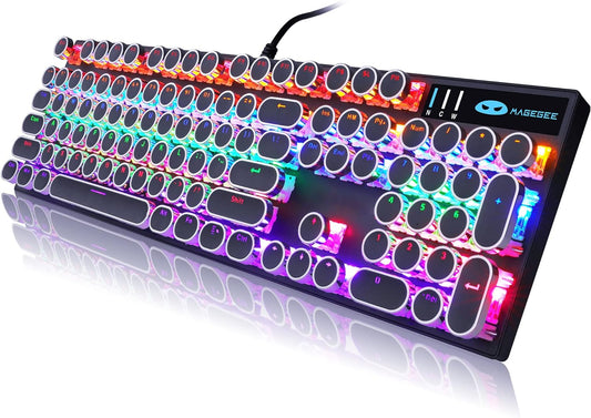 Camiysn Typewriter Style Mechanical Gaming Keyboard, Black Retro Punk Gaming Keyboard with RGB Backlit, 104 Keys Blue Switch Wired Cute Keyboards, Round Keycaps for Windows/Mac/PC
