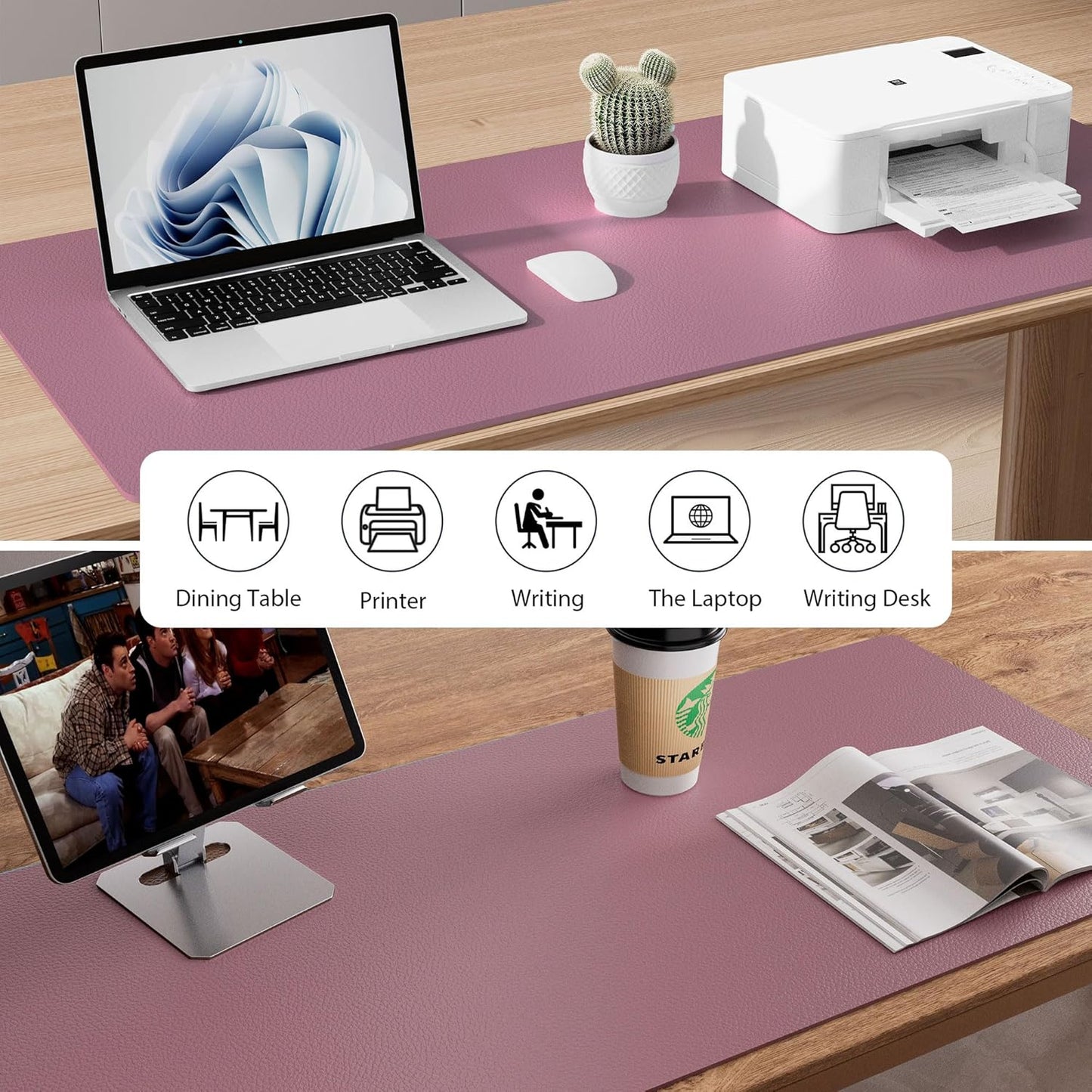 Aothia Leather Desk Pad Protector, Mouse Pad, Office Desk Mat, Non-Slip PU Leather Desk Blotter, Laptop Desk Pad, Waterproof Desk Writing Pad for Office and Home (48"x17", Dark Pink)